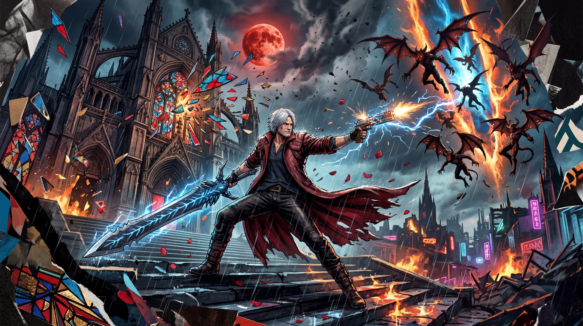 Devil May Cry 5K Ultra HD PC desktop wallpaper: white-haired demon hunter in red coat slashes an energy sword amid a stormy gothic city, bats, lightning, and a blood-red moon.