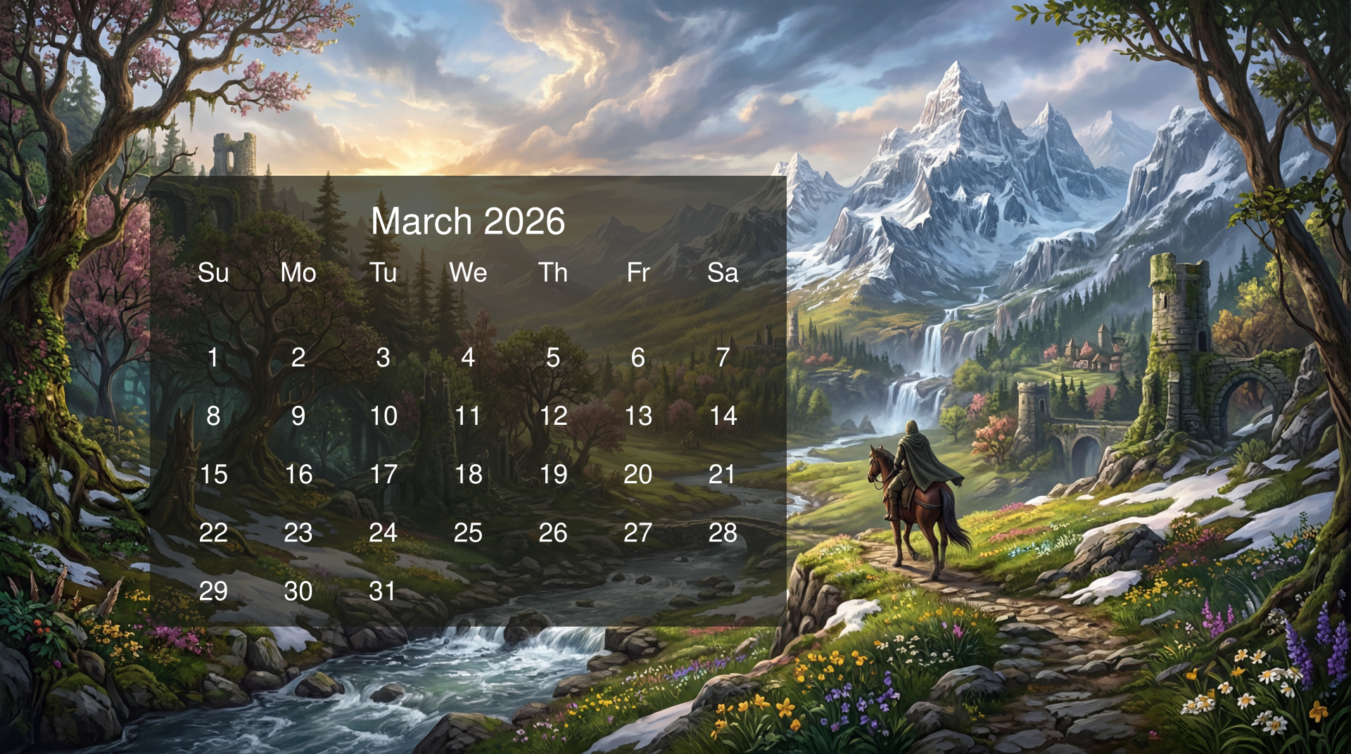 March 2026 calendar over a 5K Ultra HD PC desktop wallpaper and background: fantasy mountain valley with river, wildflowers, and a lone rider on horseback beneath snowy peaks.