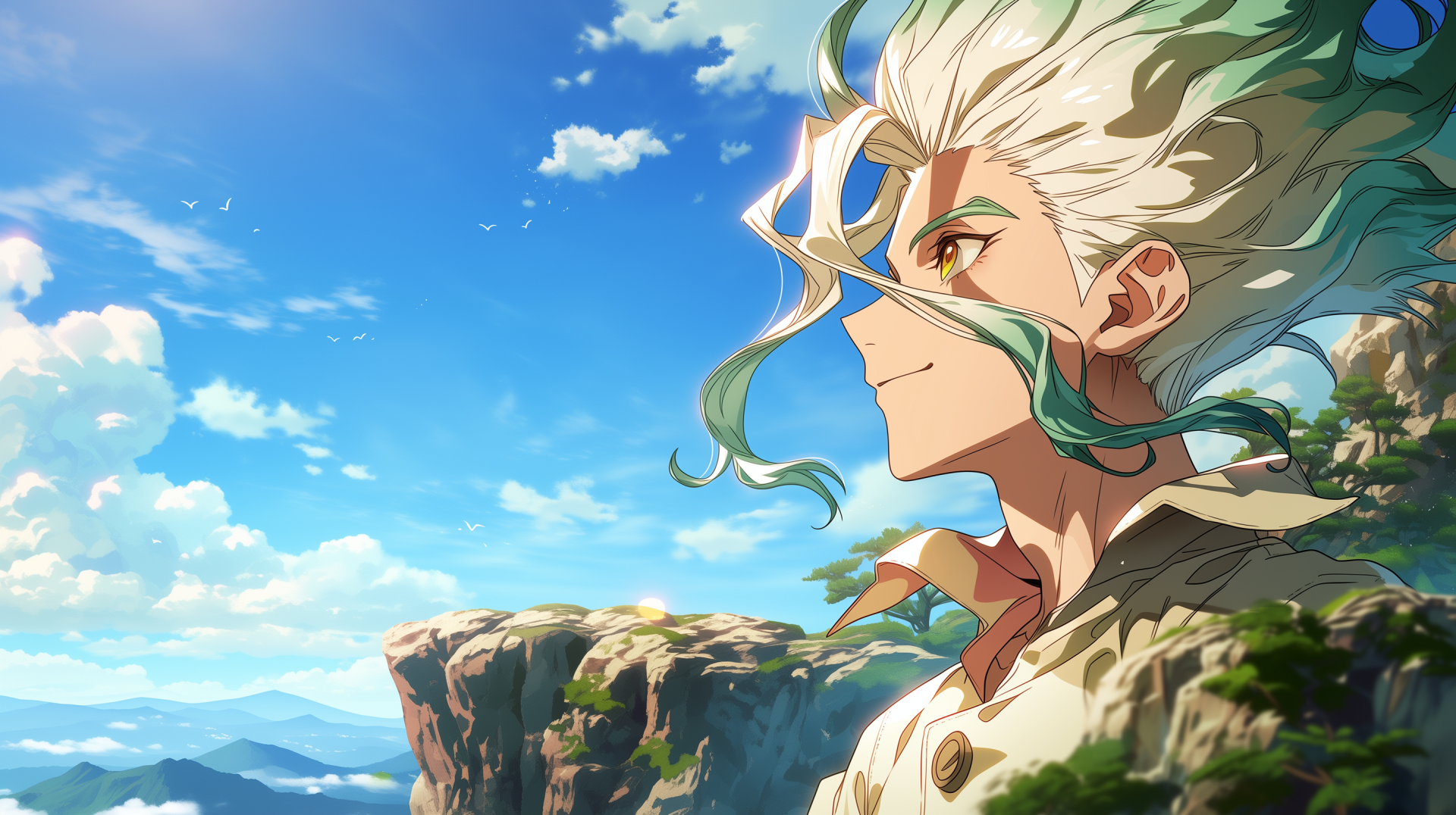 Senku Ishigami (Dr. Stone) in profile against a bright blue sky and rugged cliffs — Sky anime artwork, 2K Quad HD PC desktop wallpaper background.