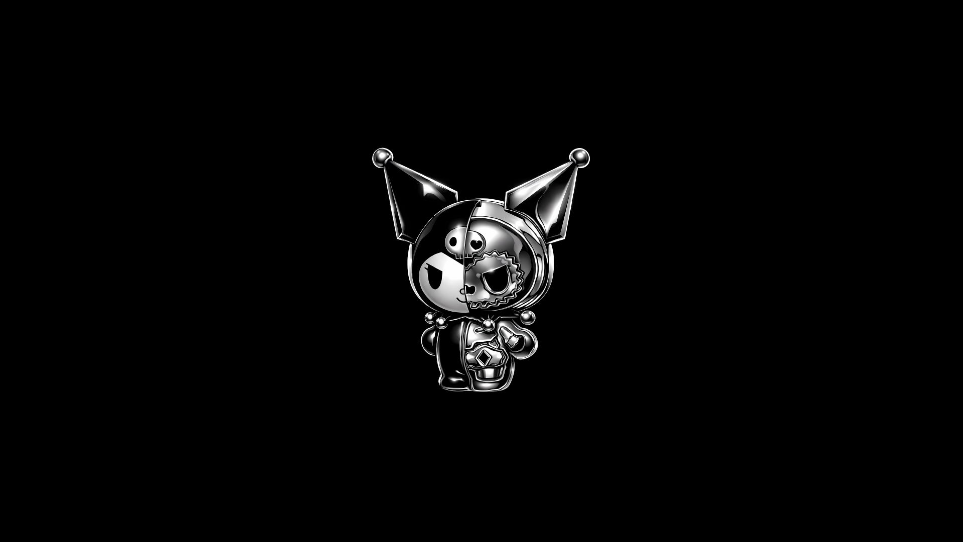 Chrome Kuromi (Onegai My Melody) jester figure centered on a solid black 4K Ultra HD Sanrio PC desktop wallpaper background.