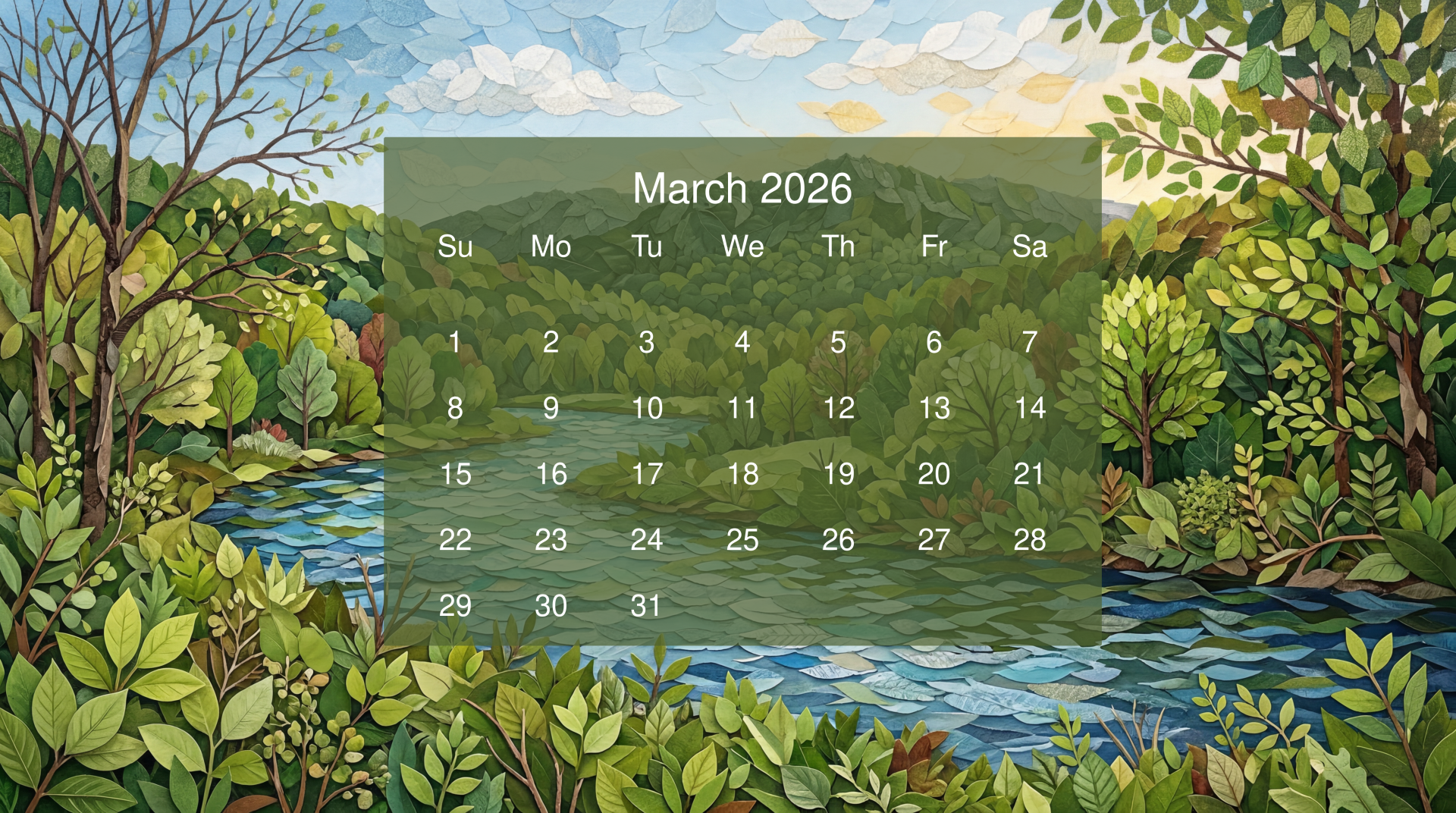 March 2026 calendar over a painted riverside landscape with trees and sky — 5K Ultra HD PC desktop wallpaper and background.