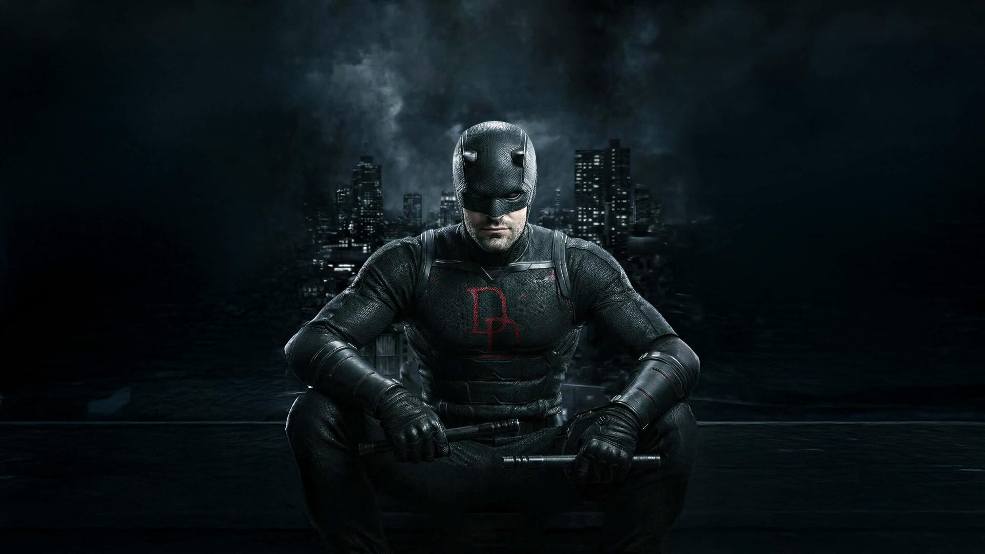 Daredevil: Born Again — armored Daredevil seated against a dark cityscape with glowing red emblem; 4K Ultra HD PC desktop wallpaper/background.