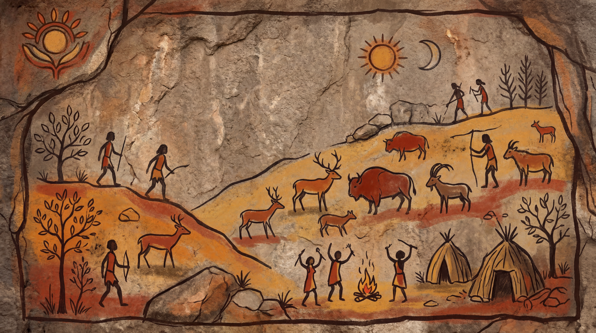 5K Ultra HD PC desktop wallpaper/background: textured rock cave‑painting scene of hunters, herds of deer and bison, campfires, huts, and sun with a crescent moon.