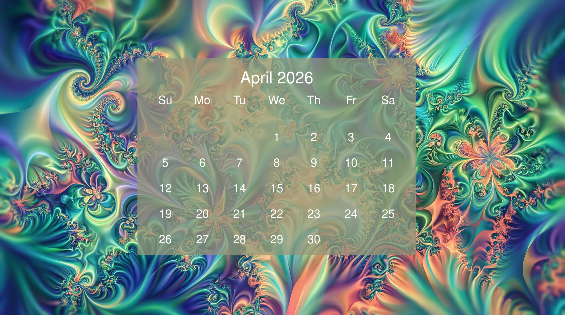 April 2026 calendar centered on a translucent panel over a vibrant multicolor fractal swirl — 5K Ultra HD PC desktop wallpaper and background.