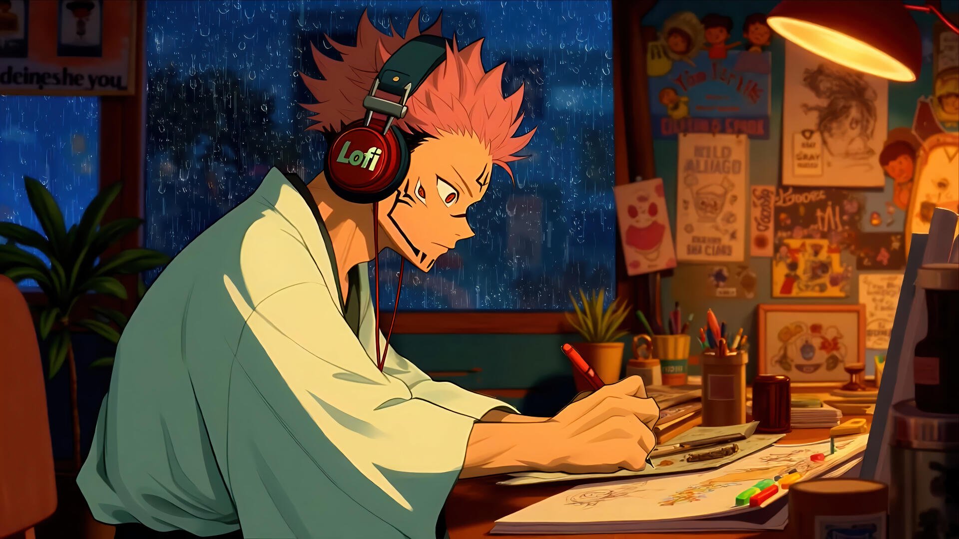 4K Ultra HD anime lofi PC desktop background: Sukuna (Jujutsu Kaisen) wearing Lofi headphones, sketching at a rain-lit desk under a warm lamp.
