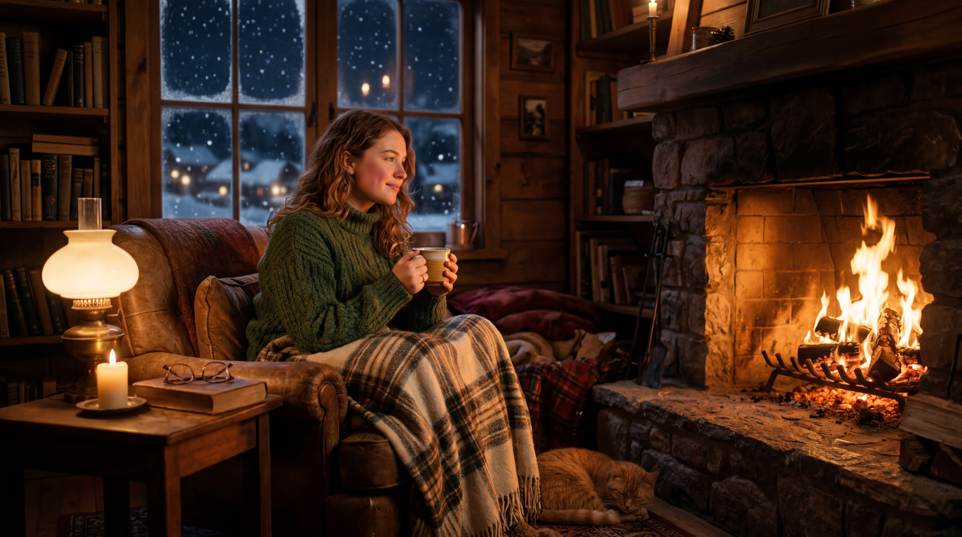 Cozy winter 5K Ultra HD PC desktop wallpaper: person wrapped in a blanket sipping a hot drink by a crackling fireplace, snowy night outside.