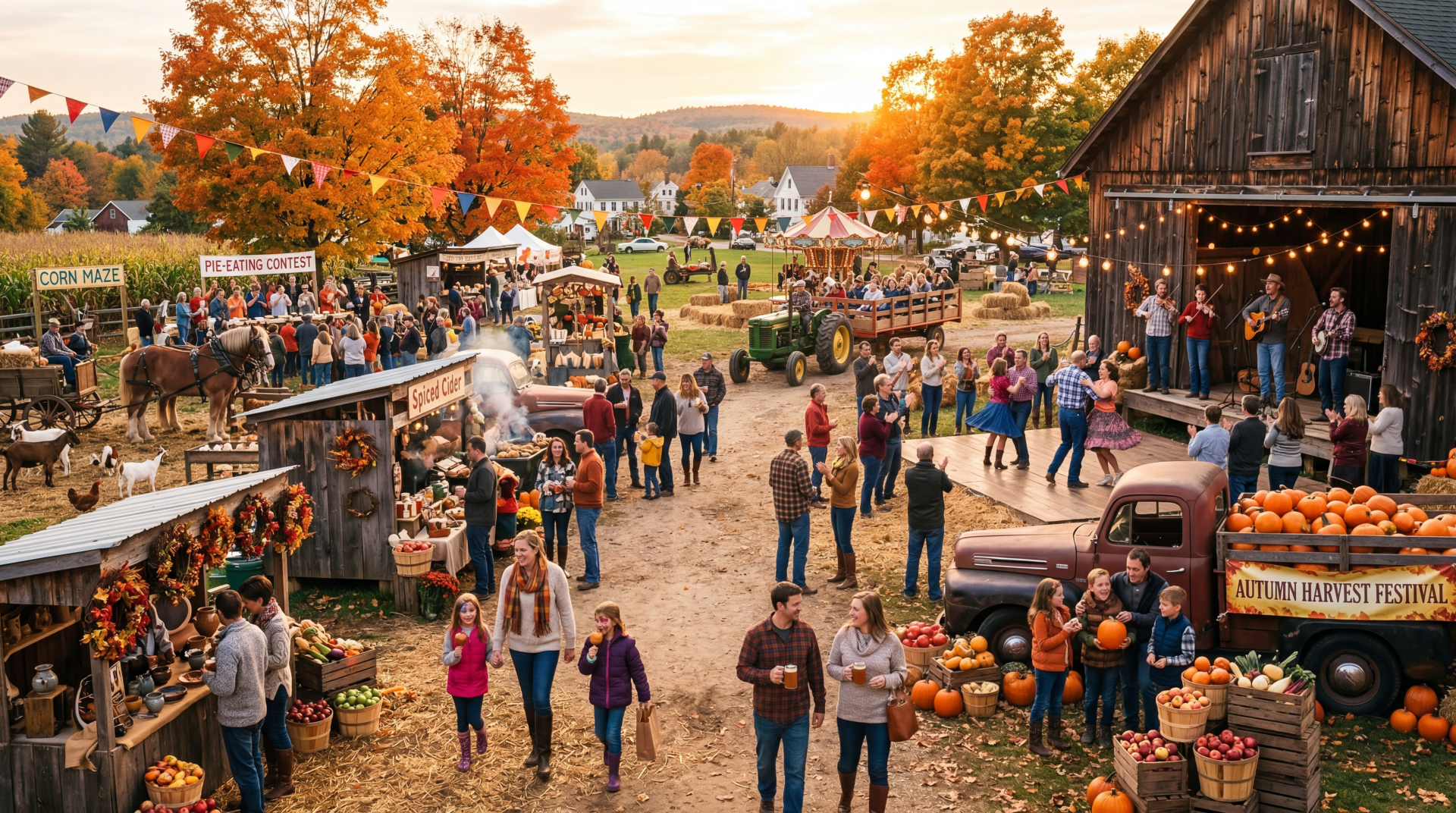 Harvest festival at golden hour: bustling country fair with pumpkins, barns, tractors, live music and crowds — 5K Ultra HD PC Desktop Wallpaper and Background.