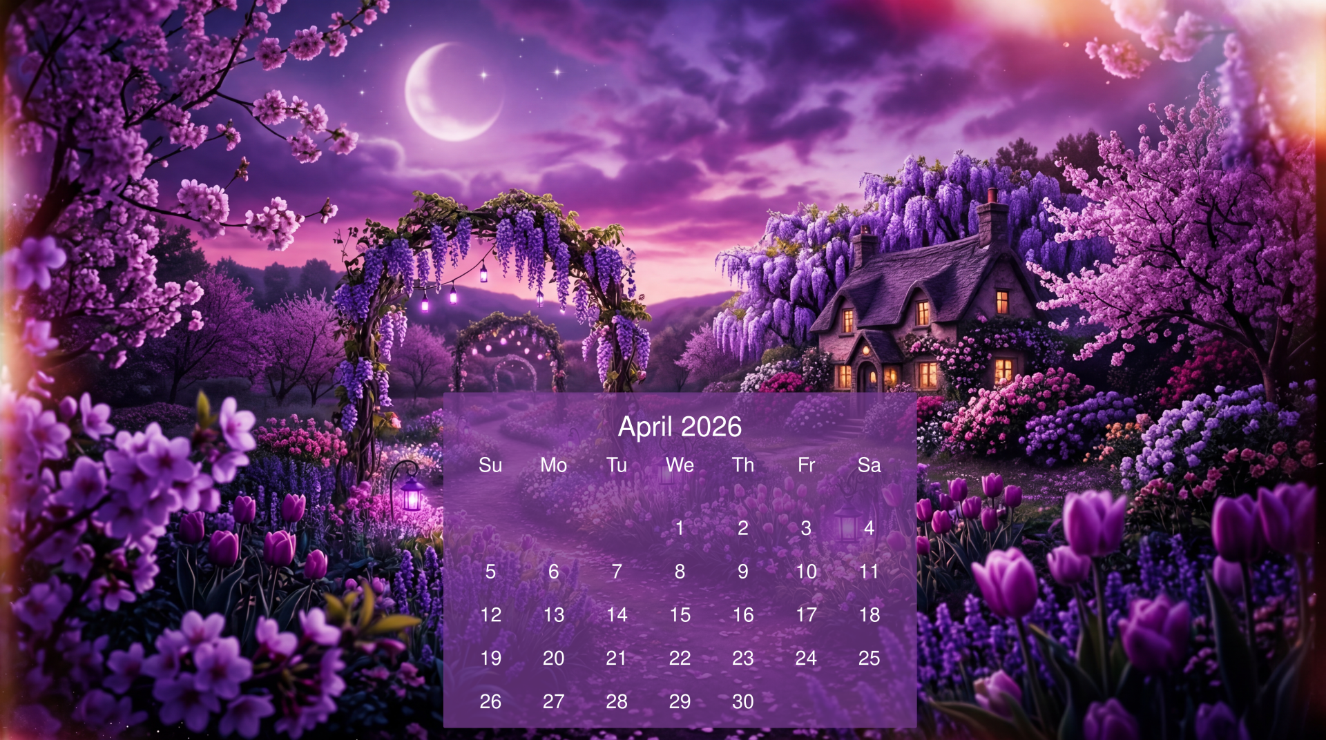 April 2026 calendar on a 5K Ultra HD PC desktop wallpaper and background: purple moonlit fantasy garden with archway, cottage, and blooming flowers.