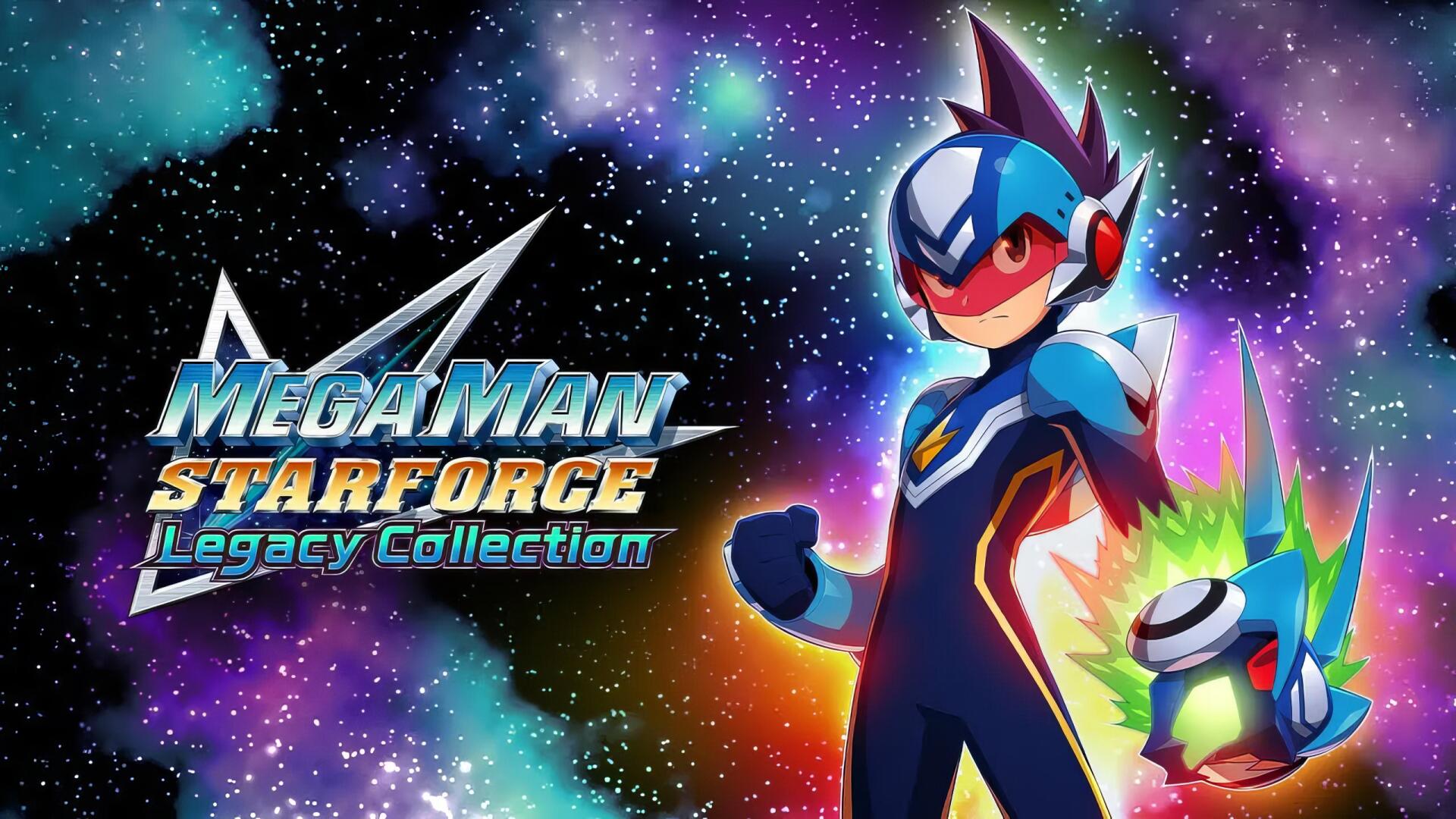 2K Quad HD PC desktop wallpaper featuring Mega Man from Mega Man Star Force: Legacy Collection against a colorful starfield, game logo and small robotic companion.