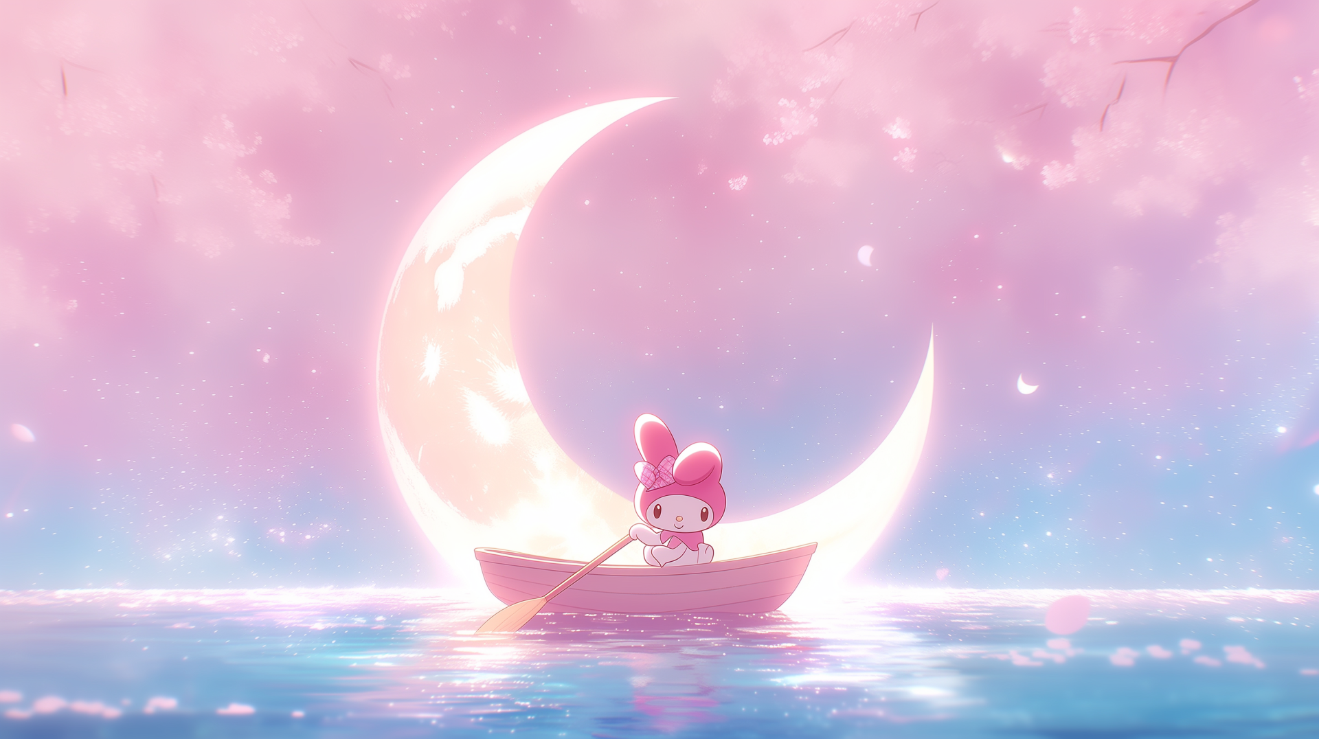 Aesthetic anime 2K Quad HD desktop wallpaper: Sanrio's My Melody (Onegai My Melody) sits in a small boat beneath a glowing crescent moon over pastel pink-blue waters.