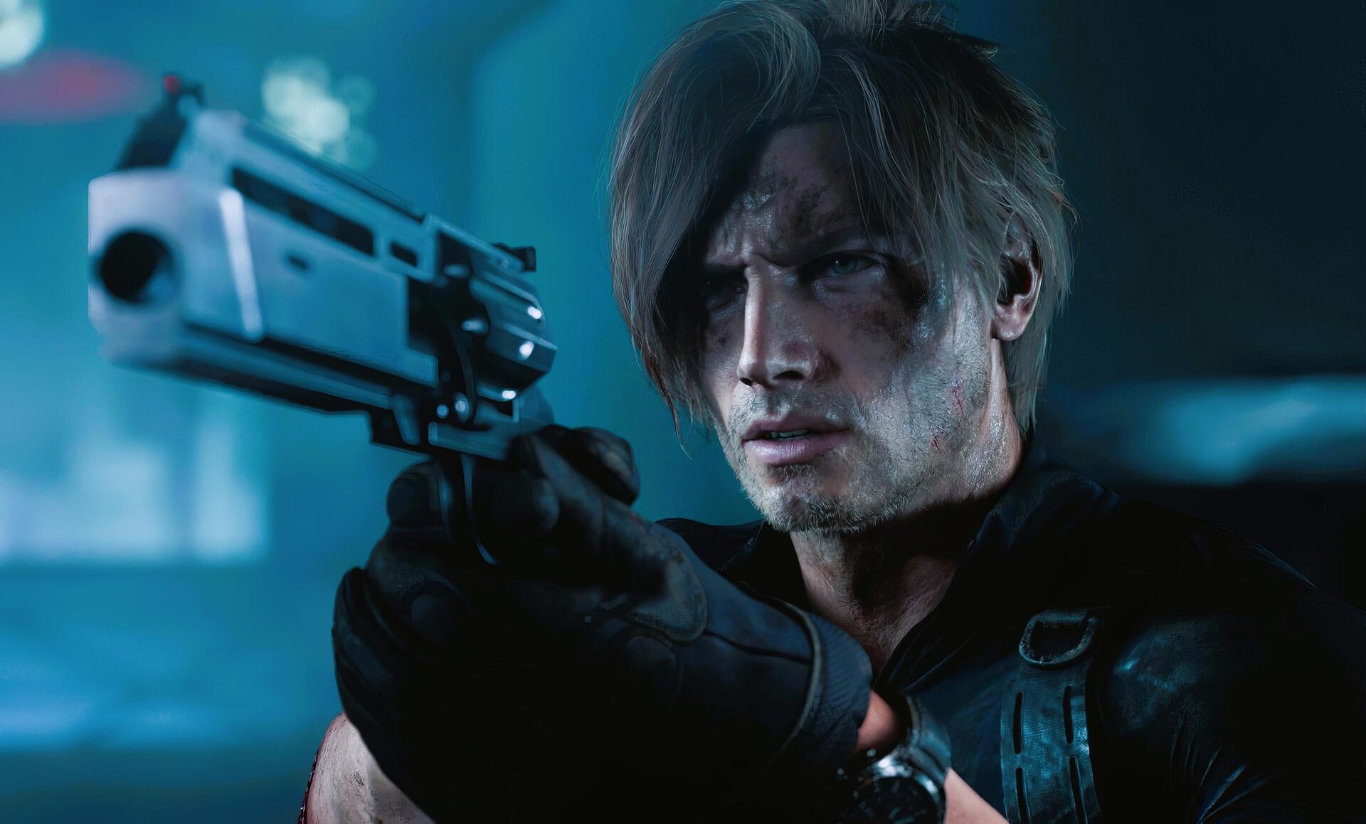 Leon S. Kennedy from Resident Evil Requiem aiming a handgun in a moody blue scene — 4K Ultra HD PC desktop wallpaper/background; tagged video game and chad.