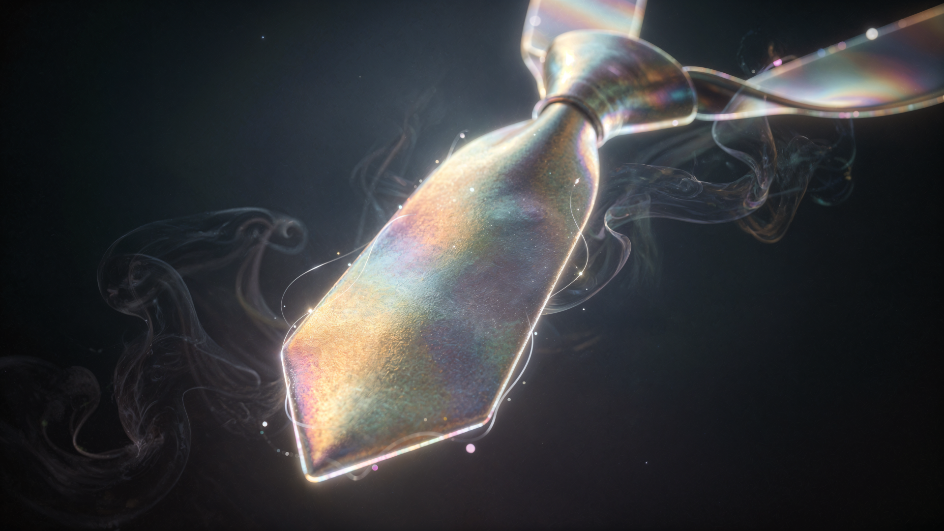 Iridescent holographic necktie with glowing edges and wisps of smoke on a dark field — 4K Ultra HD PC desktop wallpaper and background.