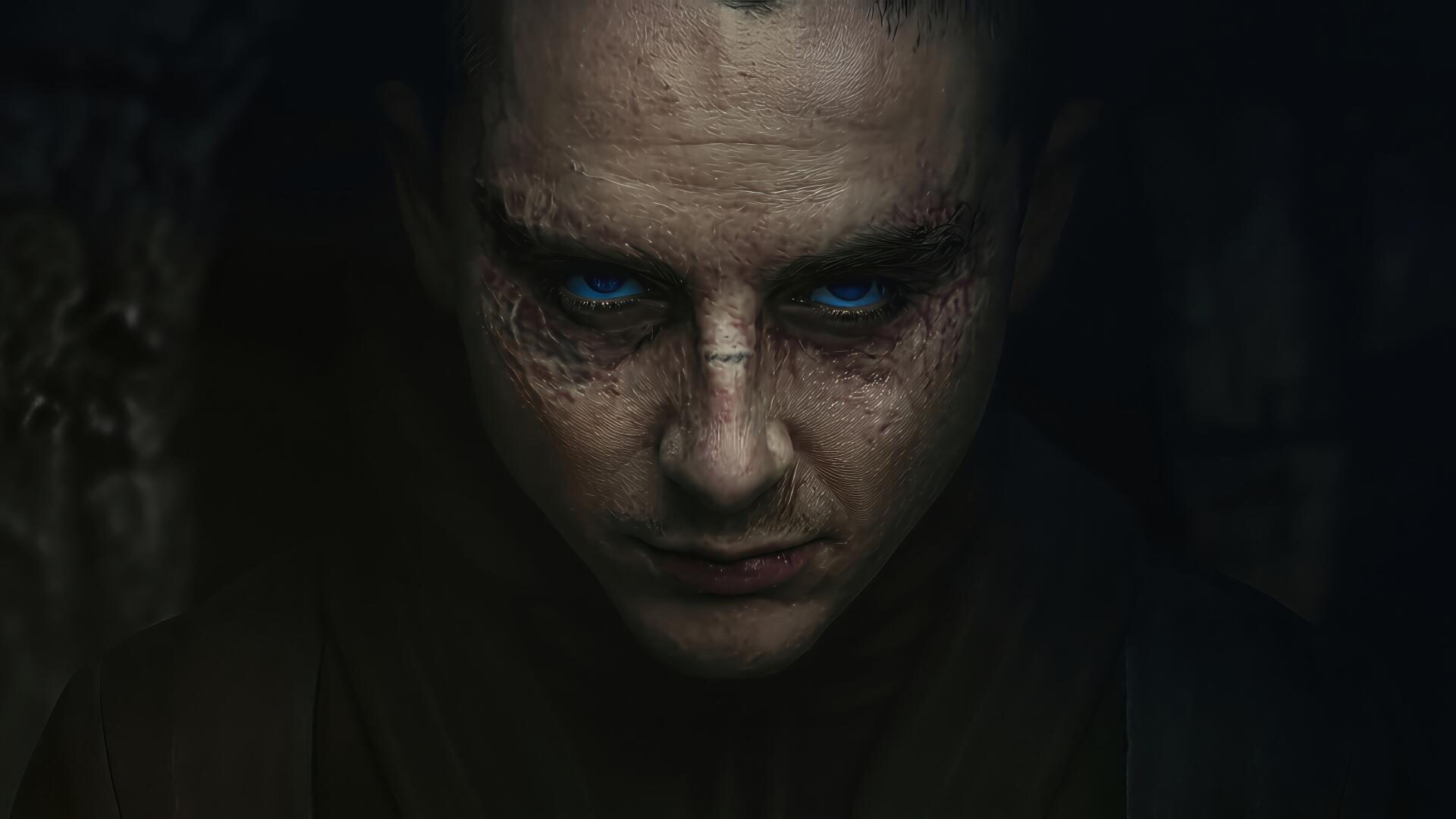 Dune: Part Three 4K Ultra HD PC desktop wallpaper — a shadowed, sand-scarred face with glowing blue eyes emerging from darkness, tense moody sci-fi portrait.