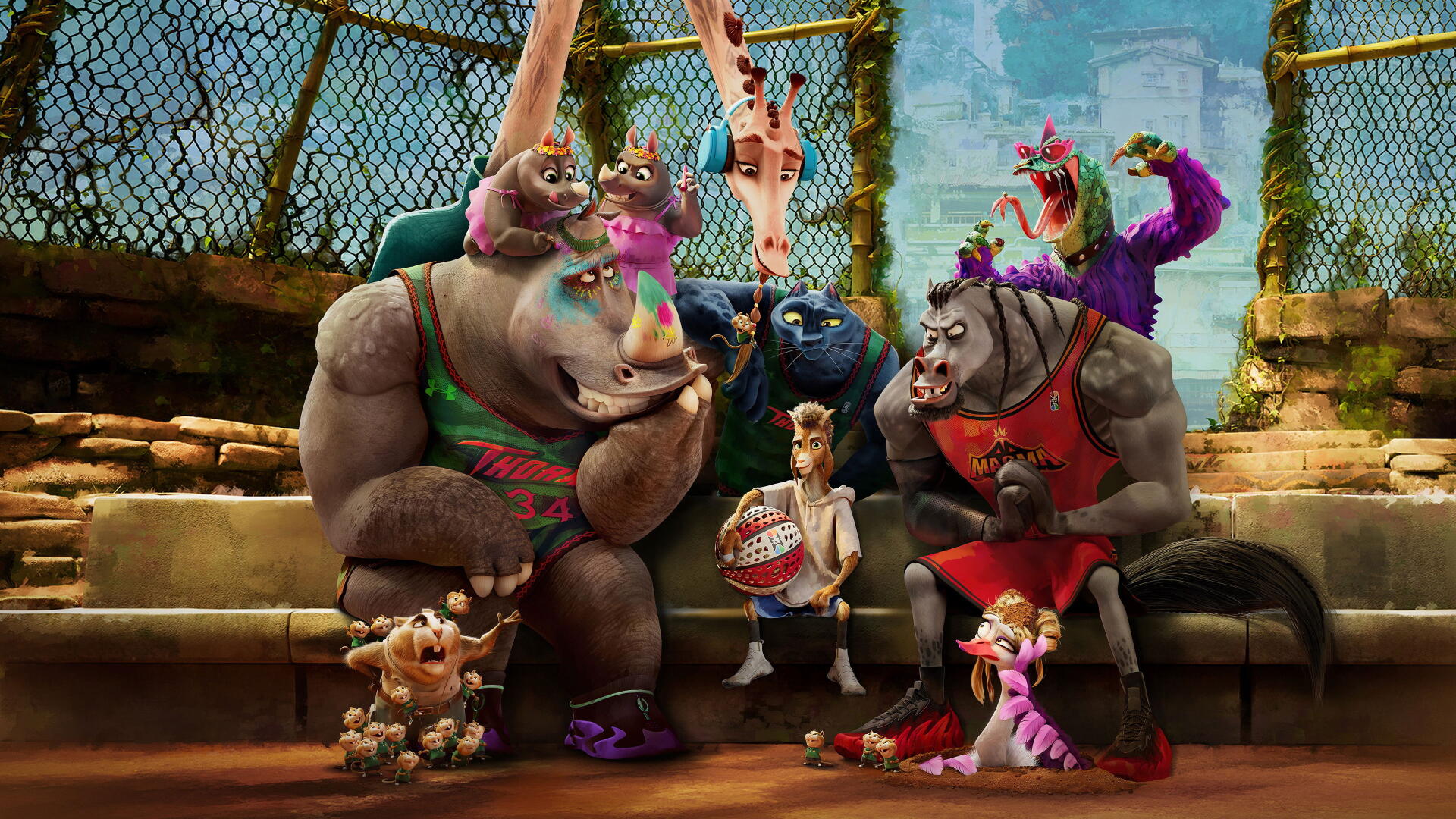 Goat (2026) 4K Ultra HD PC desktop wallpaper/background: lively anthropomorphic goats and companions in crowns and streetwear lounging on a bench before a gritty chain-link fence.