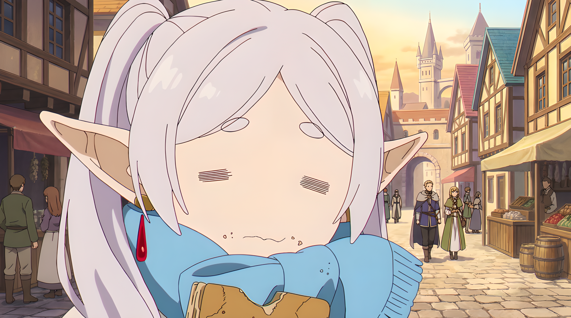 Frieren (Frieren: Beyond Journey's End) — anime elf girl with a goofy, tearful smile clutching bread and a blue scarf on a sunlit fantasy street; 4K Ultra HD PC desktop wallpaper.