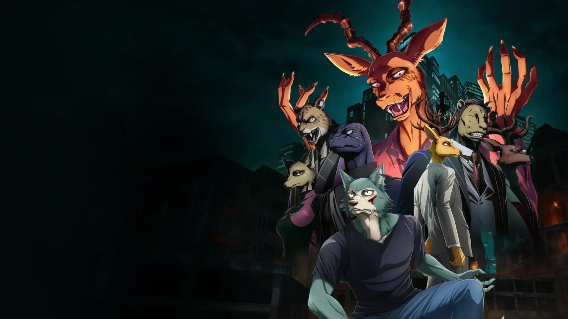 Beastars HD PC desktop wallpaper background showing a group of anthropomorphic characters in dramatic poses against a dark urban cityscape with moody lighting.