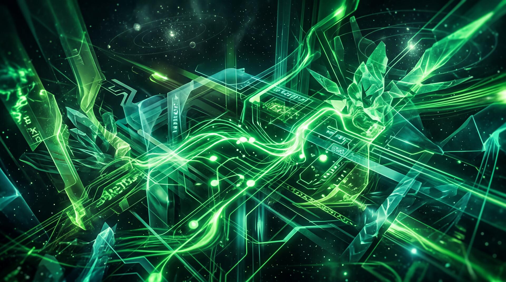 Abstract green neon circuitry and crystal shards over a starfield, rendered as a 5K Ultra HD PC desktop wallpaper and background.