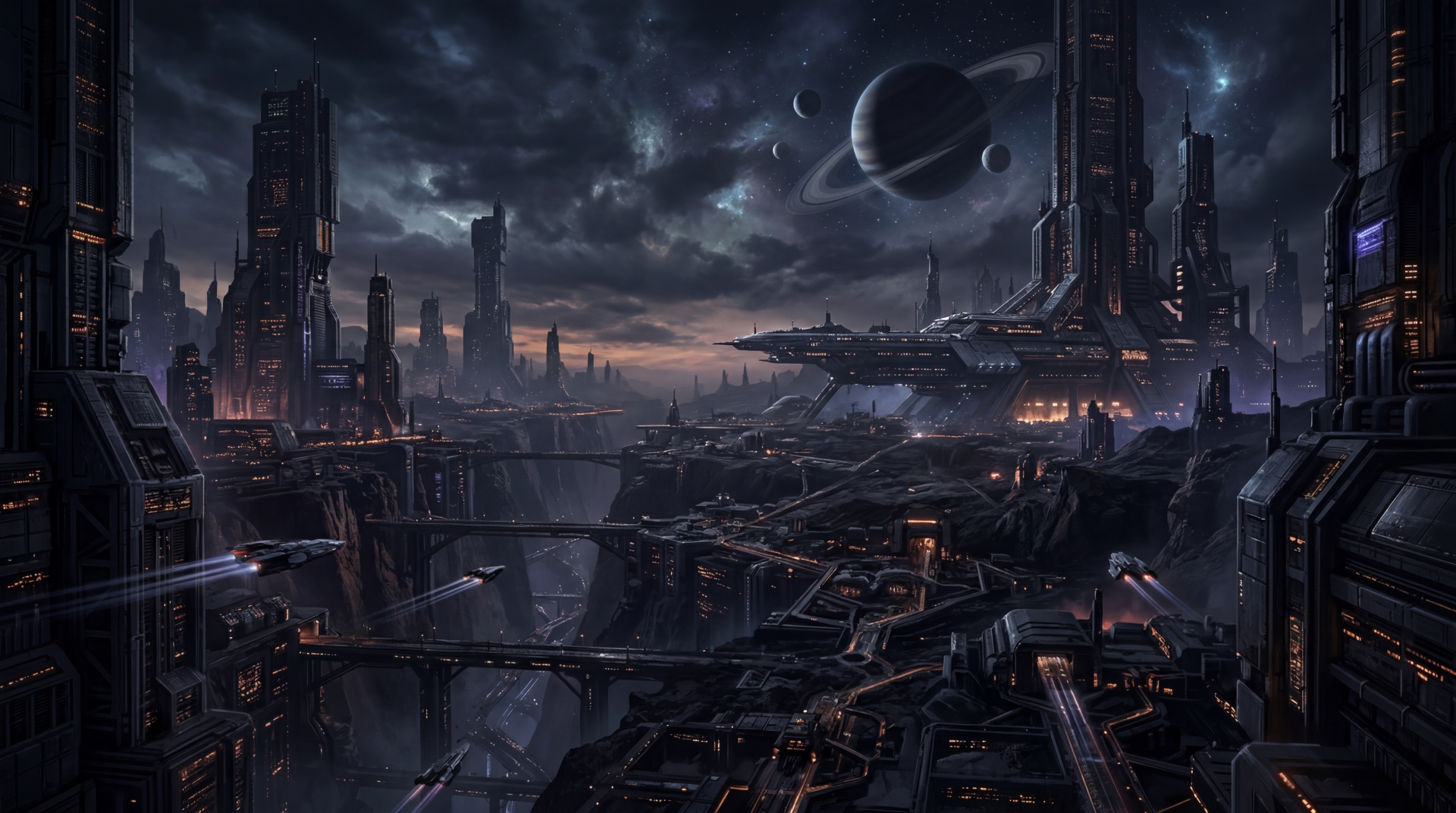Dramatic futuristic cityscape at night with towering spires, skybridges and a planet looming overhead — 5K Ultra HD PC desktop wallpaper and background.