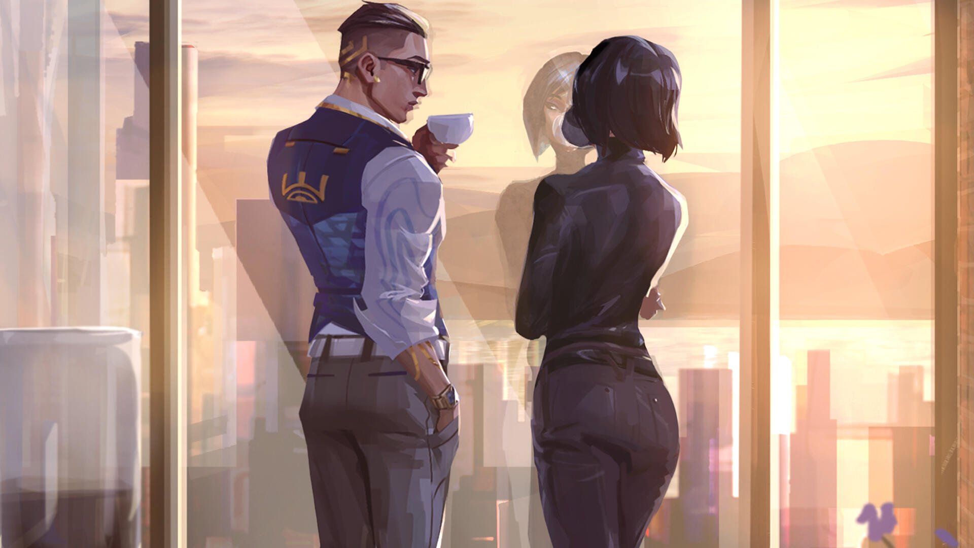 Valorant HD PC desktop wallpaper: Chamber and Viper stand by a high-rise window at sunset, Chamber sipping from a cup as they overlook a glowing city skyline.