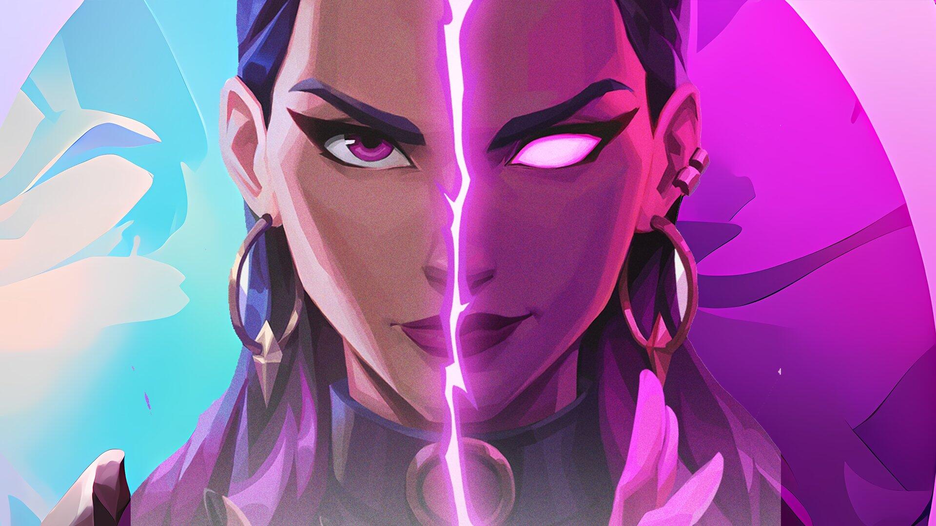 HD PC desktop wallpaper of Reyna (Valorant): split-face close-up with a glowing purple eye, neon pink and cyan background, fierce expression and gold hoop earrings.