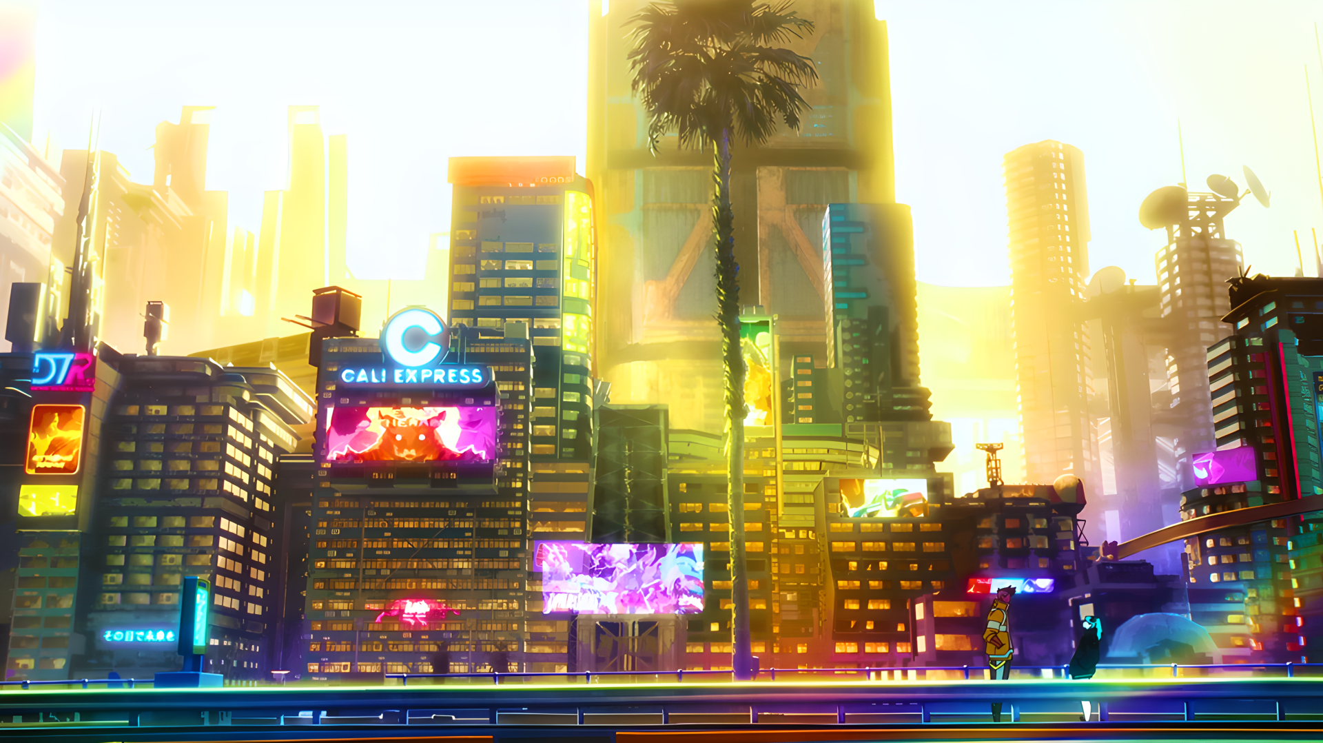 4K Ultra HD PC desktop anime wallpaper of Night City from Cyberpunk: Edgerunners — neon-lit skyline at dusk with David and Rebecca amid billboards and palm trees.