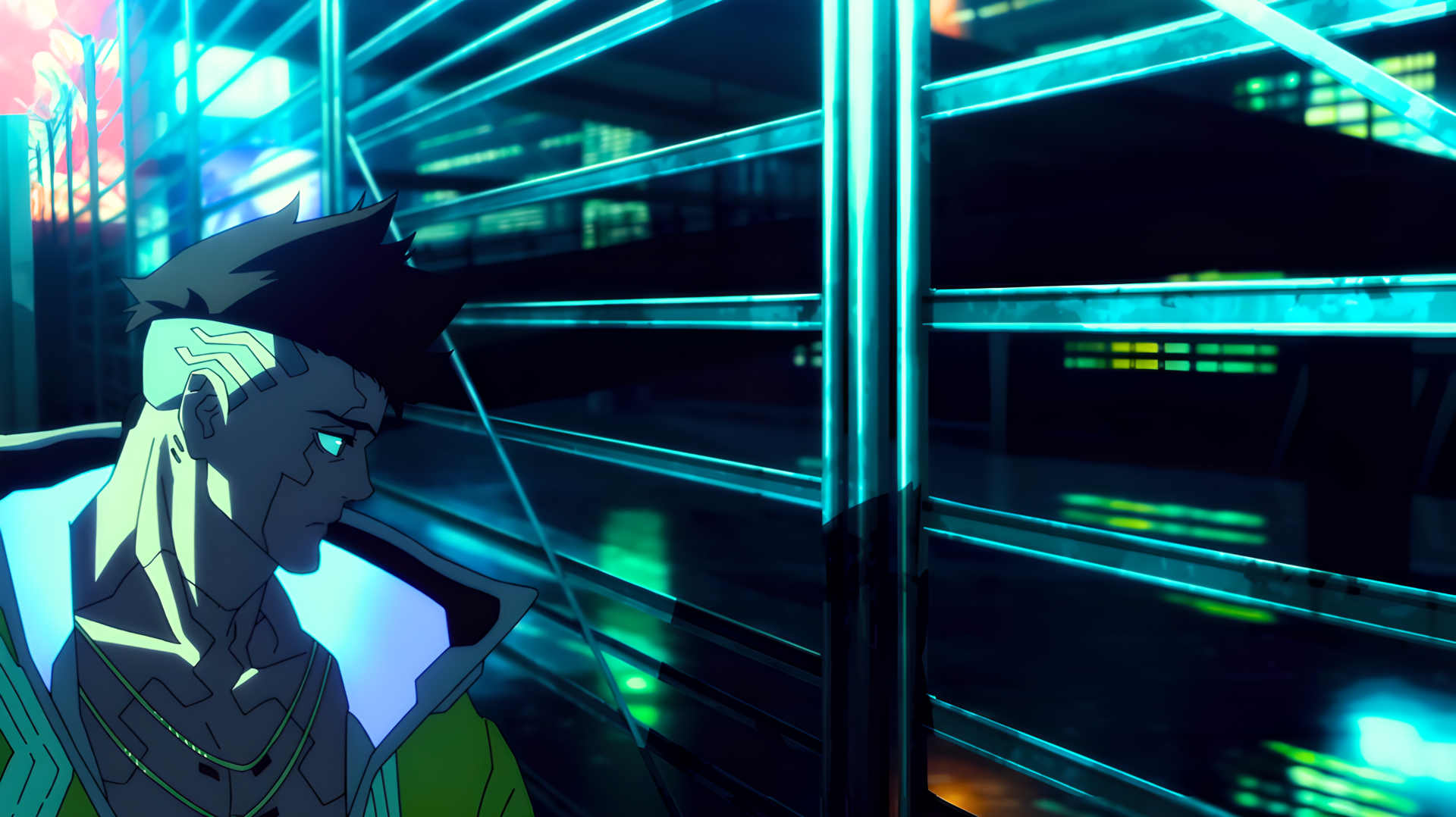David (Cyberpunk: Edgerunners) gazes pensively in a neon-lit cyberpunk corridor — anime self-reflection and pondering, high-detail 4K Ultra HD PC desktop wallpaper.
