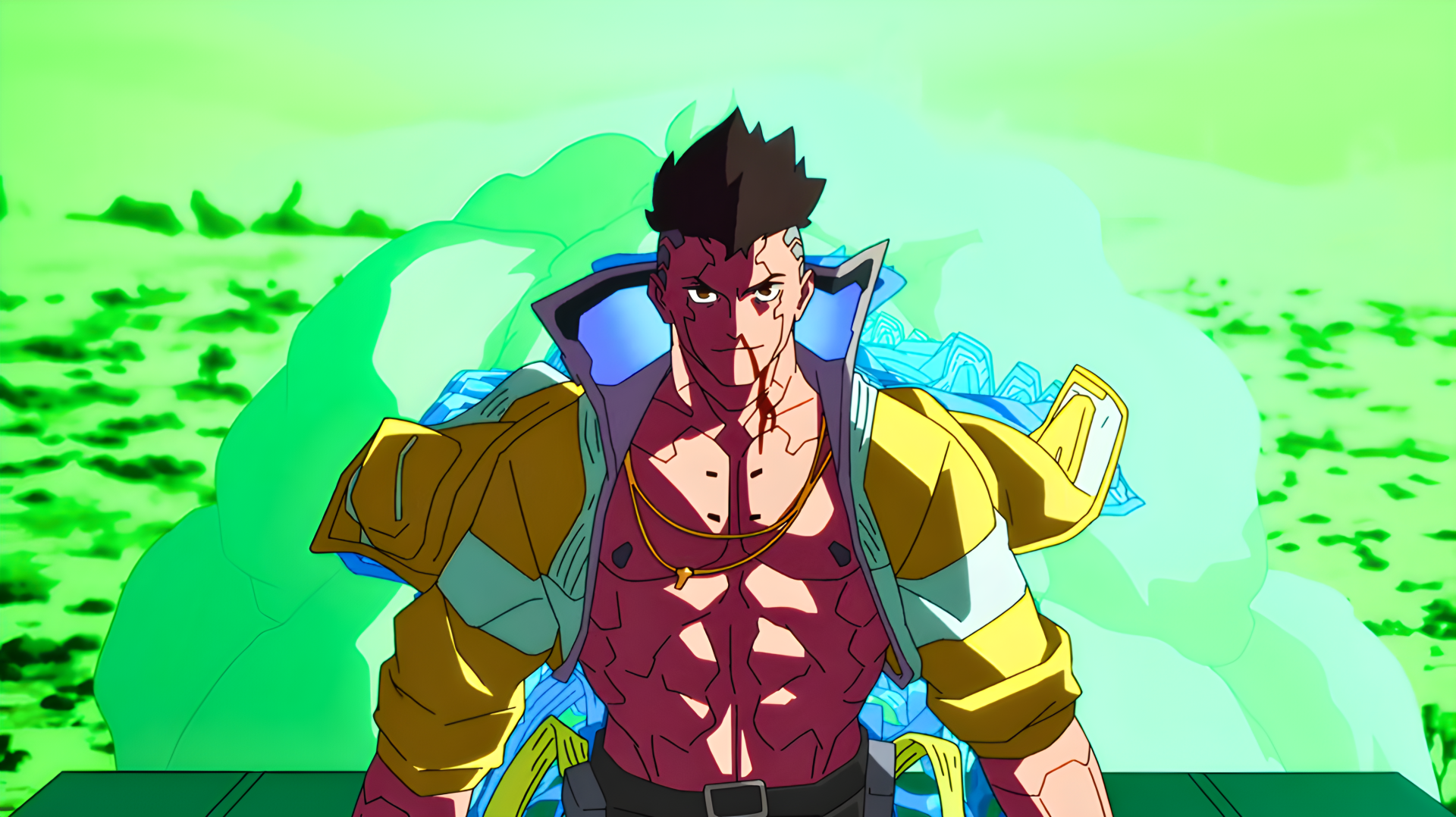 David from Cyberpunk: Edgerunners — buff anime antihero with cybernetic scars and open jacket, neon-green cyberpunk glow; 4K Ultra HD PC desktop wallpaper background.