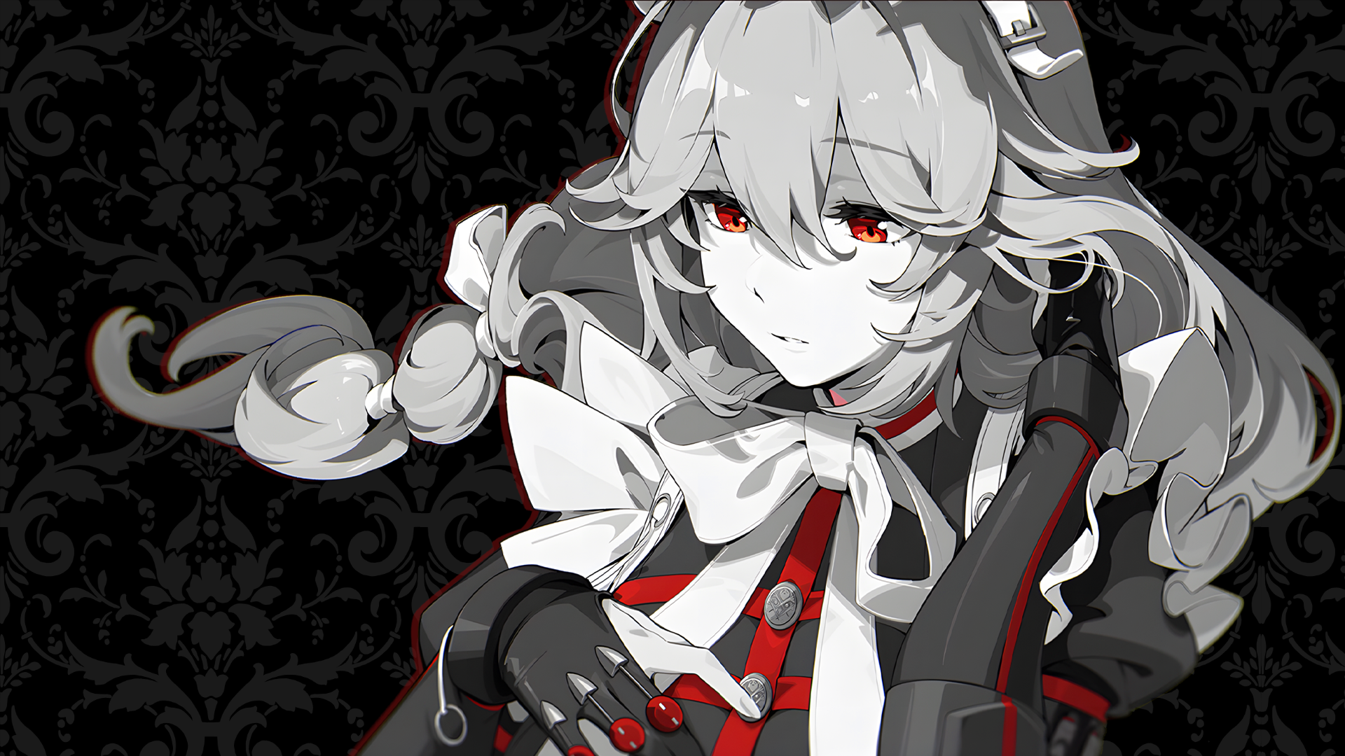 HD PC desktop wallpaper of Alexandrina Sebastiane from video game Zenless Zone Zero — monochrome portrait with striking red accents.