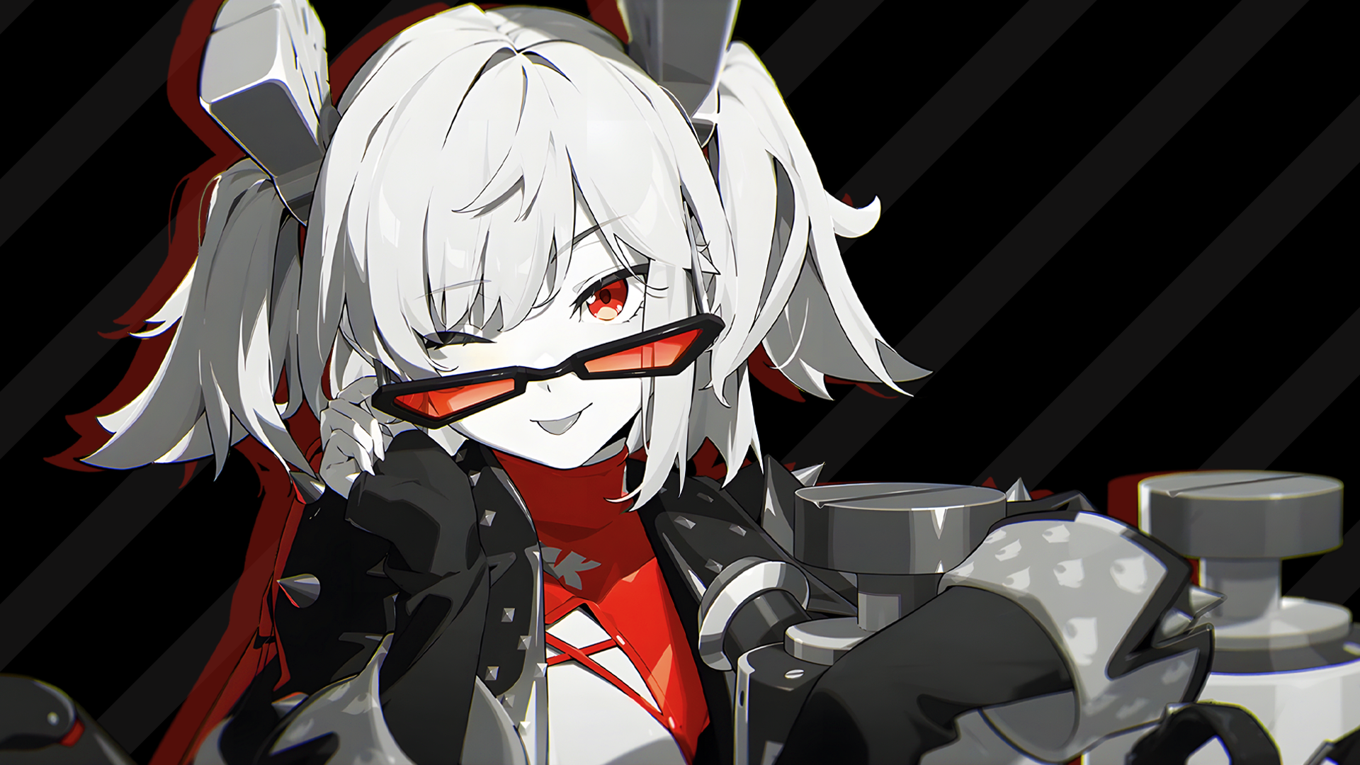 HD PC desktop wallpaper of Burnice White (Zenless Zone Zero): anime-style close-up with white pigtails, red-tinted sunglasses, black-and-red outfit and mechanical accessories on a dark striped background.
