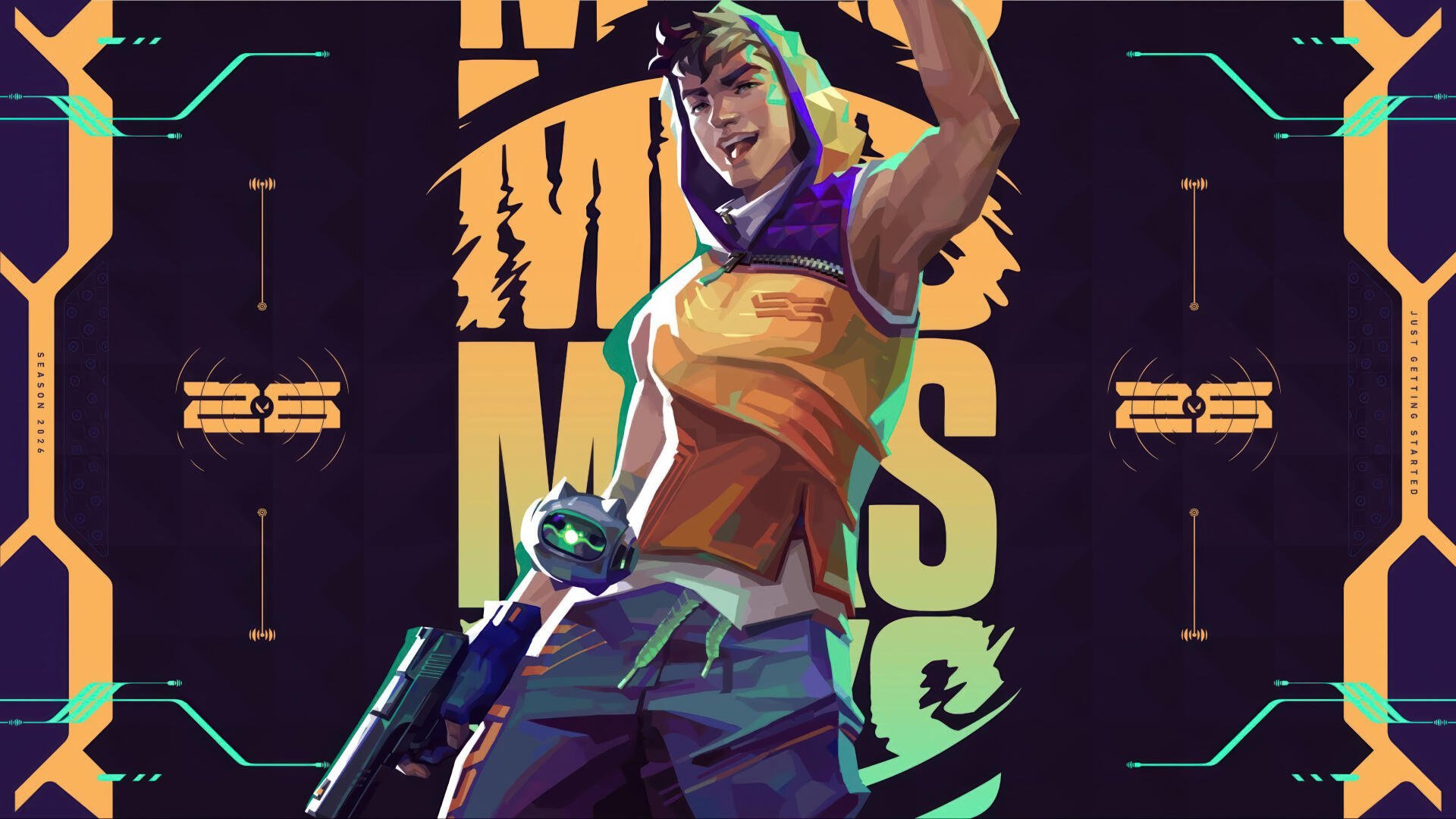 Vibrant Valorant FPS 4K Ultra HD PC desktop wallpaper featuring Miks, grinning agent with a handgun, neon geometric accents and bold MIKS text behind him.