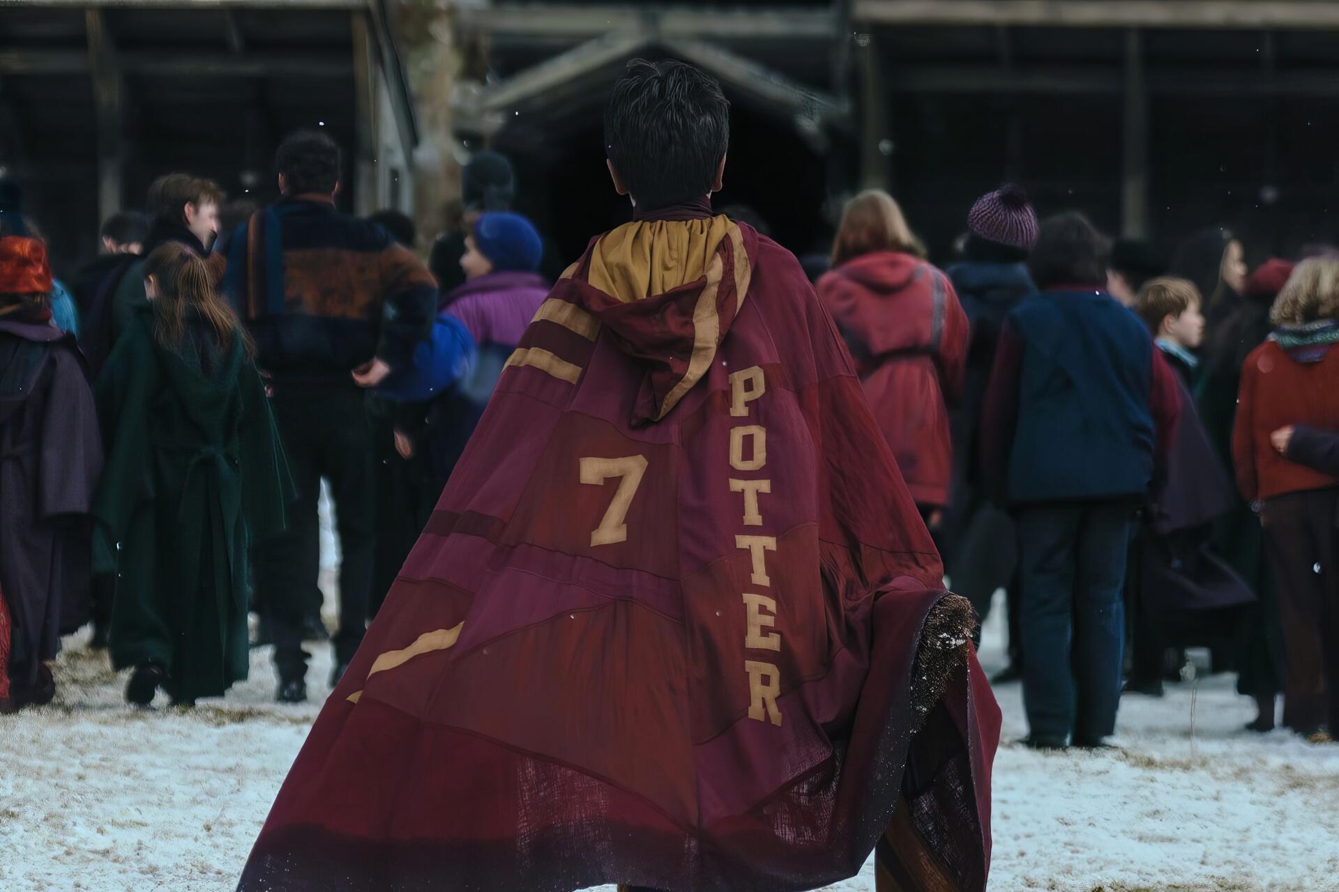 HD PC desktop wallpaper from TV show Harry Potter (2027): lone figure in maroon robe marked 7 POTTER walks across a snowy Quidditch pitch with spectators in the background.
