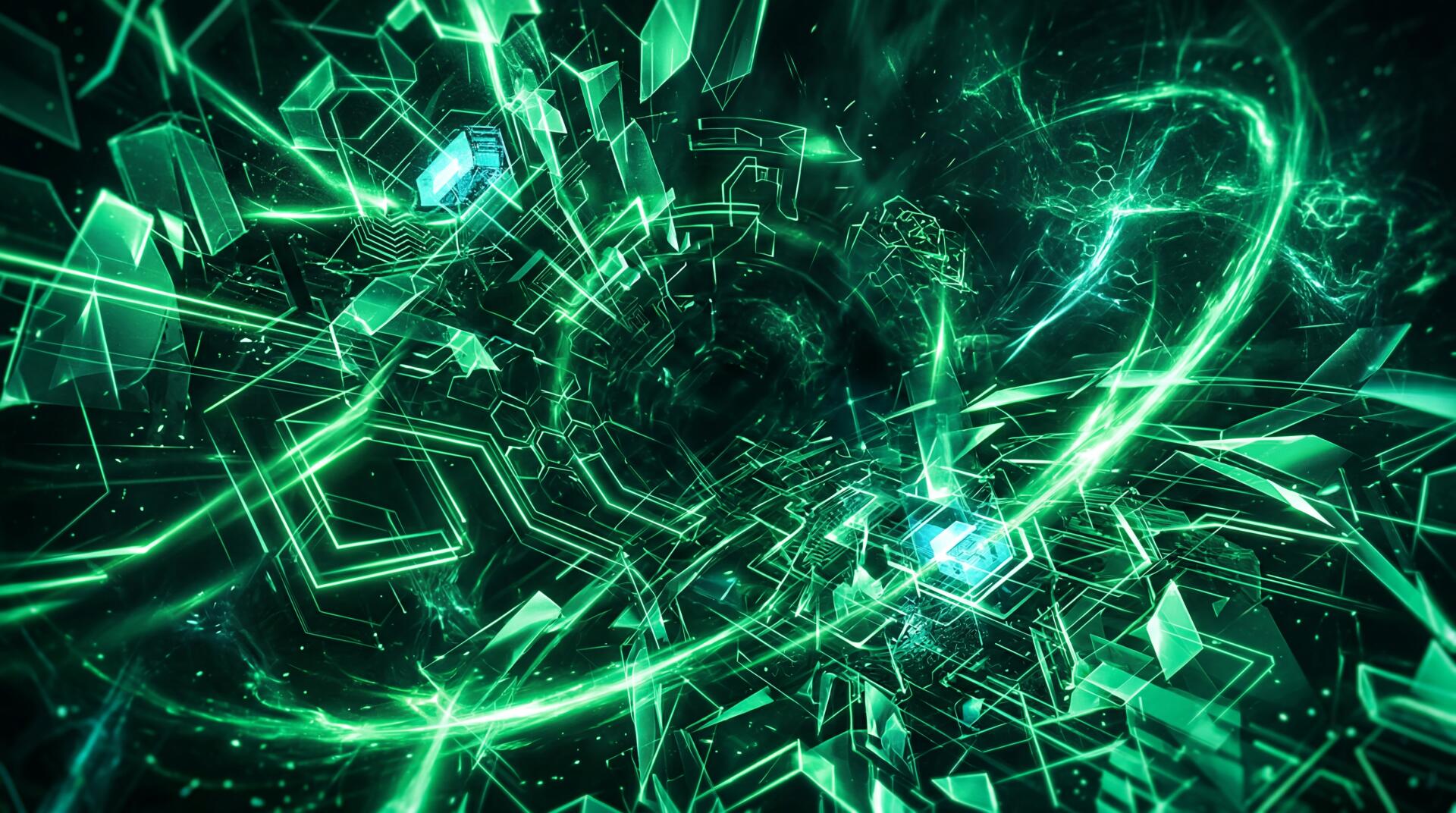 Abstract emerald-green energy vortex of geometric shards and glowing trails, high-detail 5K Ultra HD PC desktop wallpaper and background.