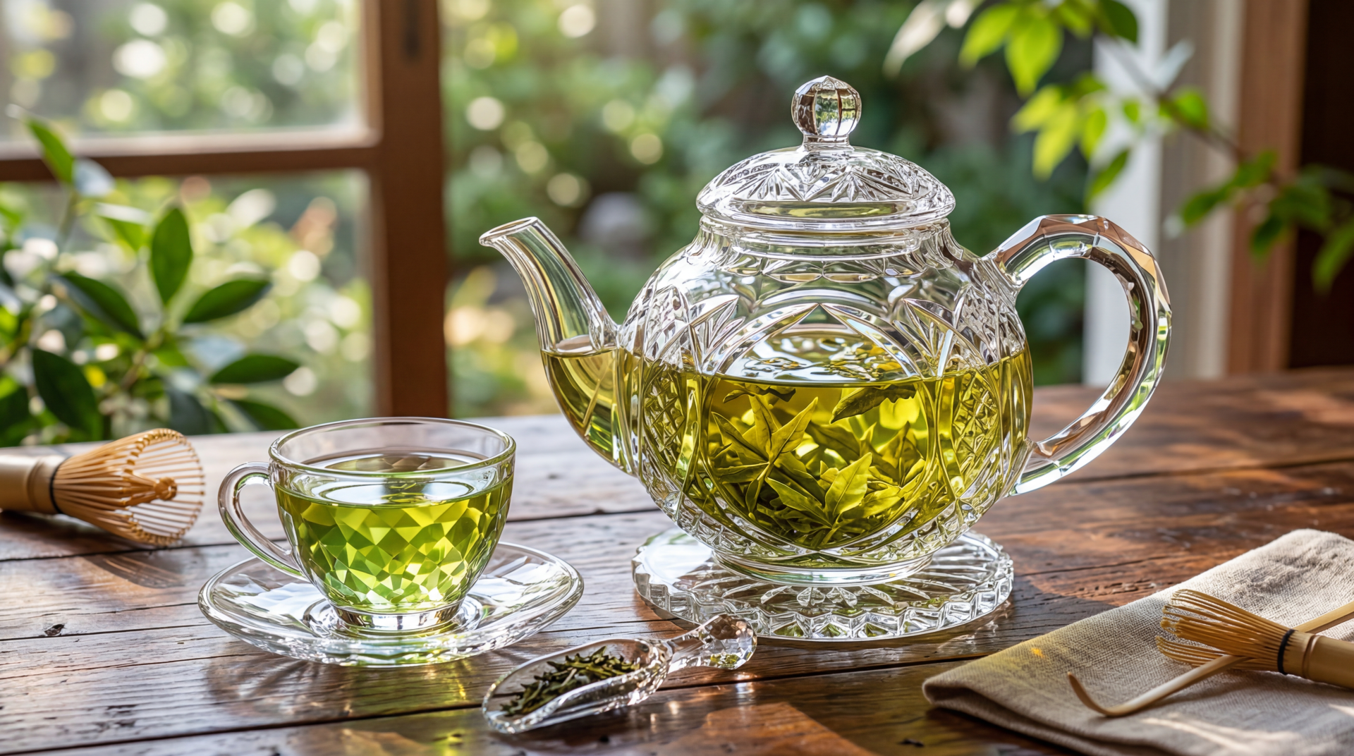 Vibrant green tea in a crystal teapot and cup on a wooden table by a sunlit window with leaves outside — 5K Ultra HD PC desktop wallpaper/background.