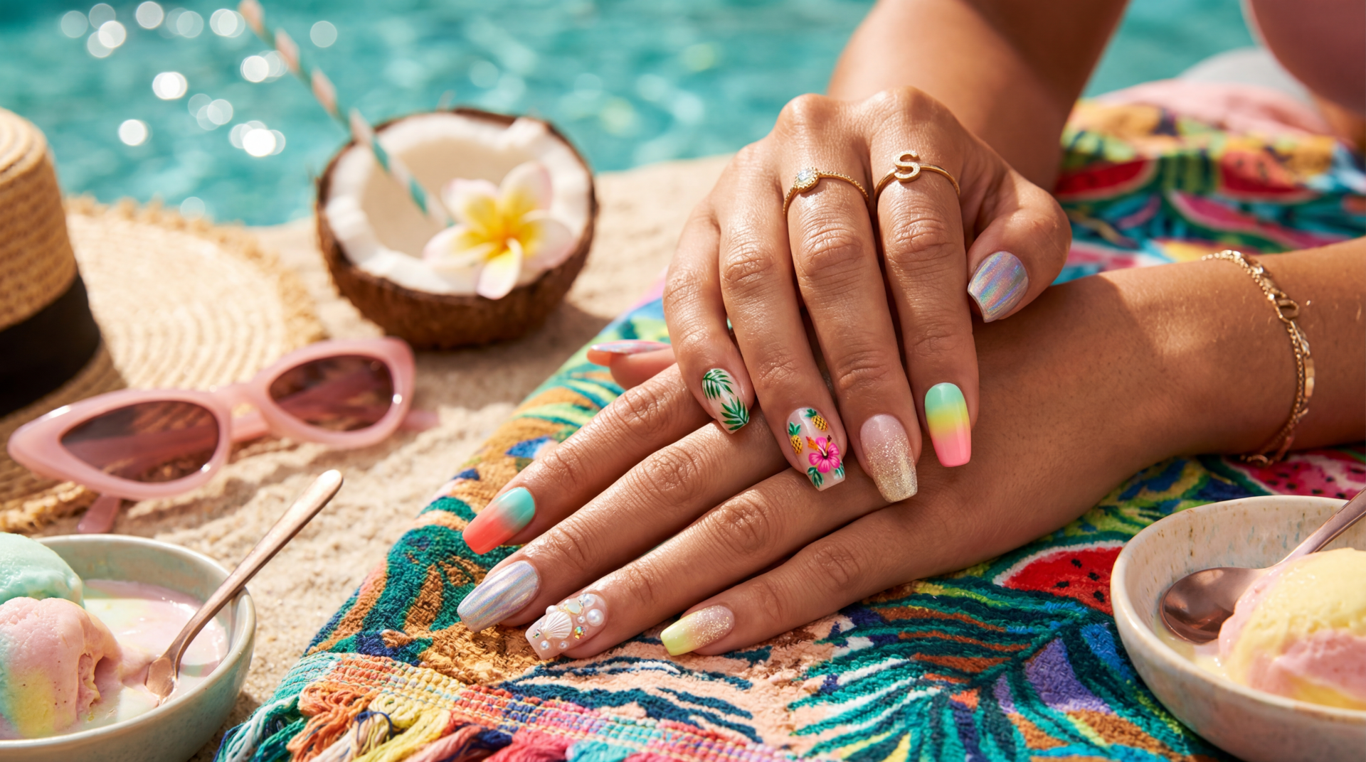 Hands with vibrant summer nail art on a tropical towel by a pool, coconut halves and sunglasses nearby — Summer Nails, 5K Ultra HD PC desktop wallpaper/background.