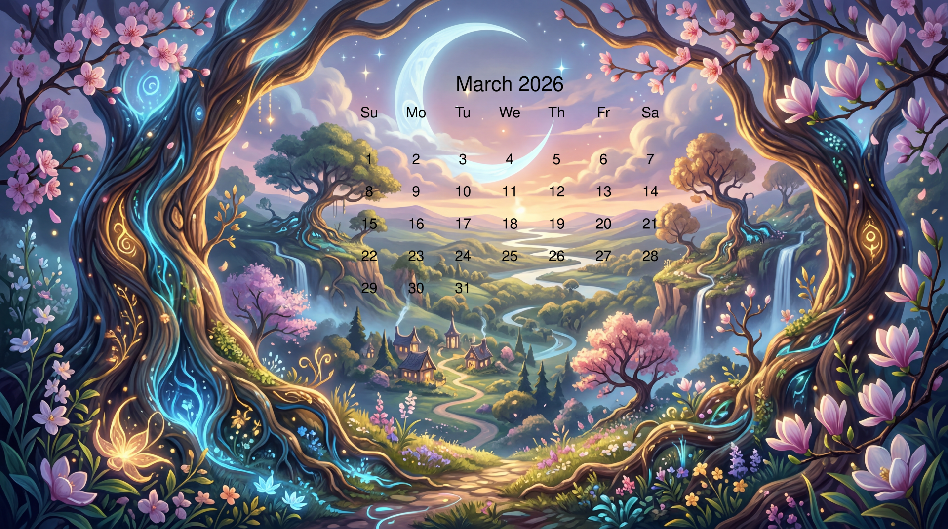 March 2026 calendar overlaying a whimsical fantasy landscape with moonlit valleys, flowering trees and winding path — 5K Ultra HD PC desktop wallpaper and background.