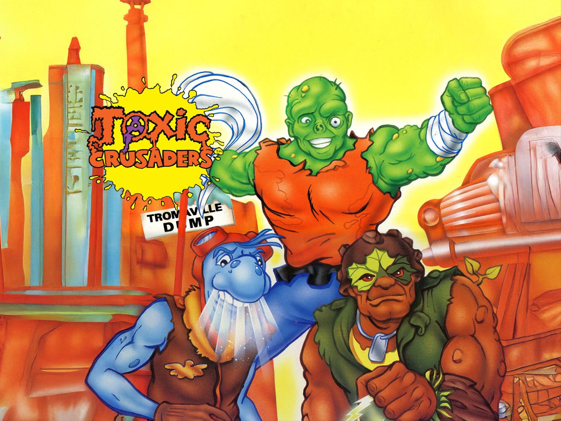 Toxic Crusaders video game 2K Quad HD PC desktop wallpaper/background — three colorful mutants: green leader in orange, blue bearded ally, brown-armored teammate against a bright industrial city.