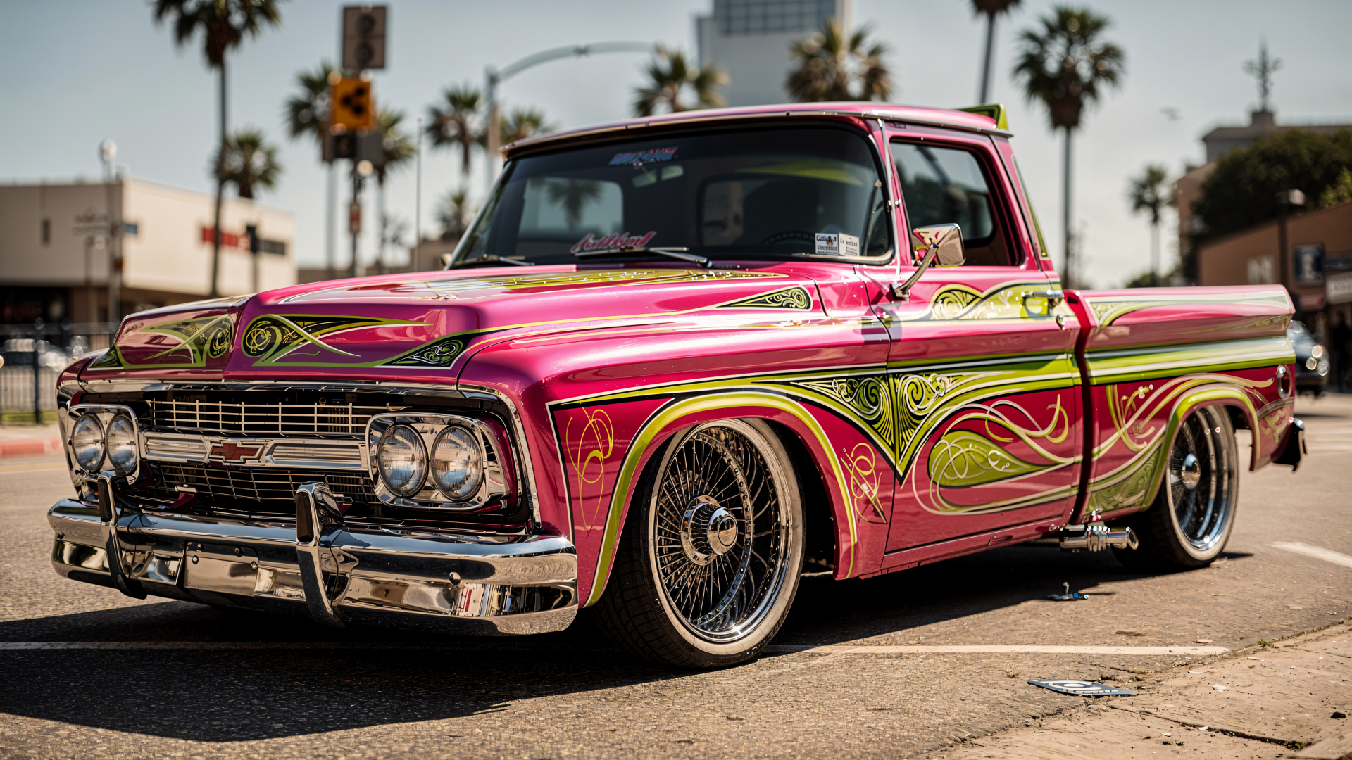 Lowrider truck in vibrant pink and green with ornate pinstriping and chrome rims parked by palm trees — 4K Ultra HD PC desktop wallpaper and background.