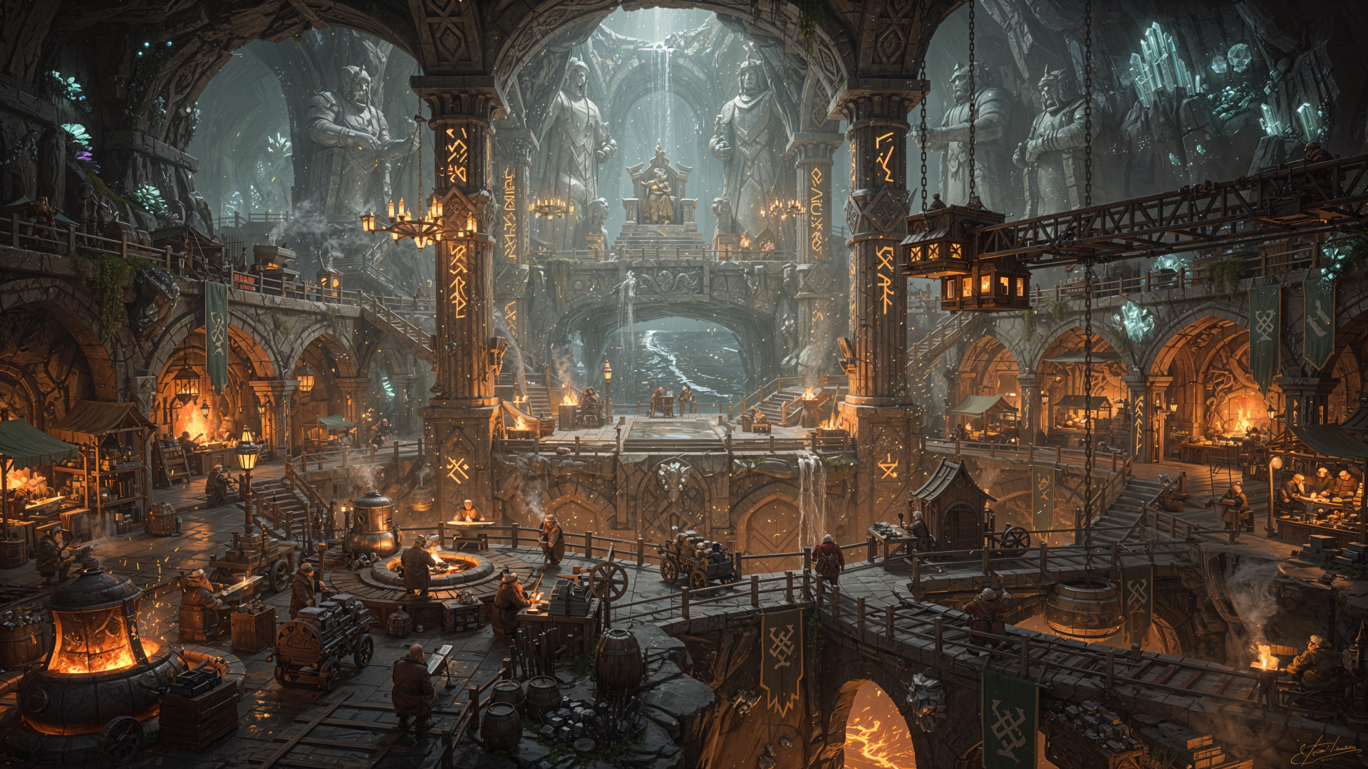 4K Ultra HD PC desktop wallpaper and background: sprawling dwarven underground city—lit forges, stone bridges, cavernous halls and glowing runes.