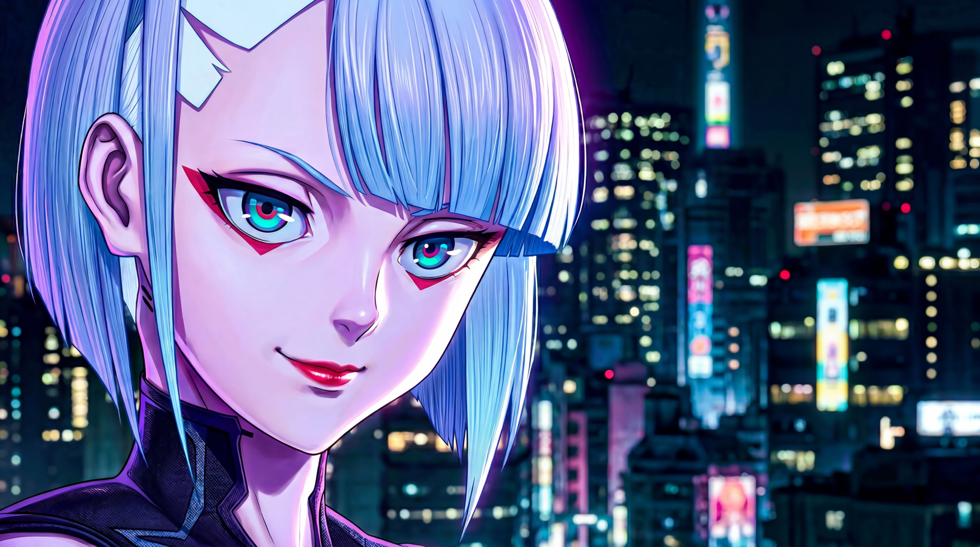 Close-up of Lucy from Cyberpunk: Edgerunners — anime girl with blue hair against a neon Night City skyline; 5K Ultra HD PC desktop wallpaper/background.
