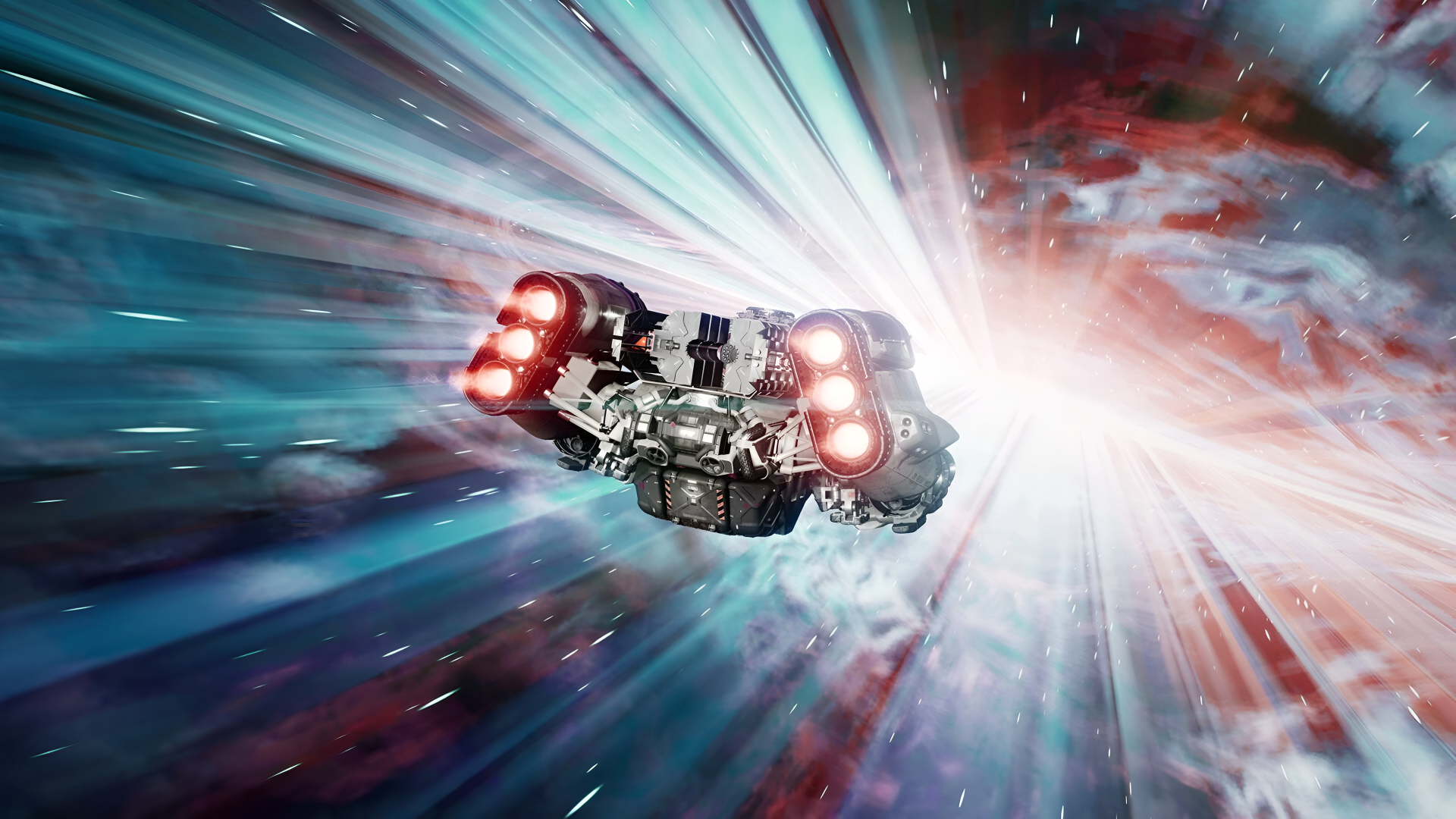4K Ultra HD PC desktop wallpaper from the video game Starfield (Bethesda): sci‑fi starship streaking through a colorful hyperspace tunnel, bright engines and distant nebulae suggesting space travel.
