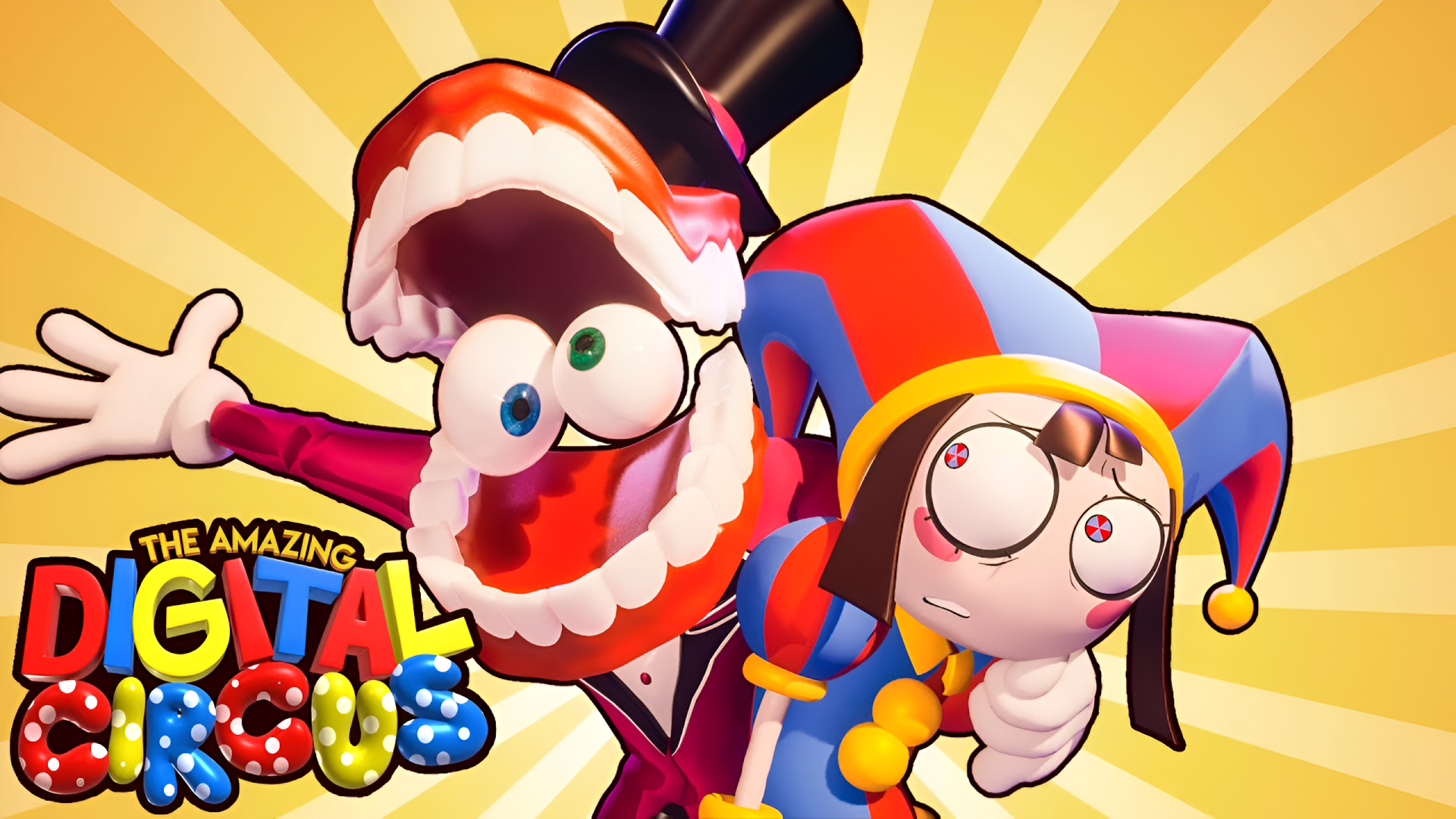 2K Quad HD PC wallpaper of TV show The Amazing Digital Circus featuring Pomni and Caine (TADG) grinning against a yellow sunburst background with the show's colorful logo.