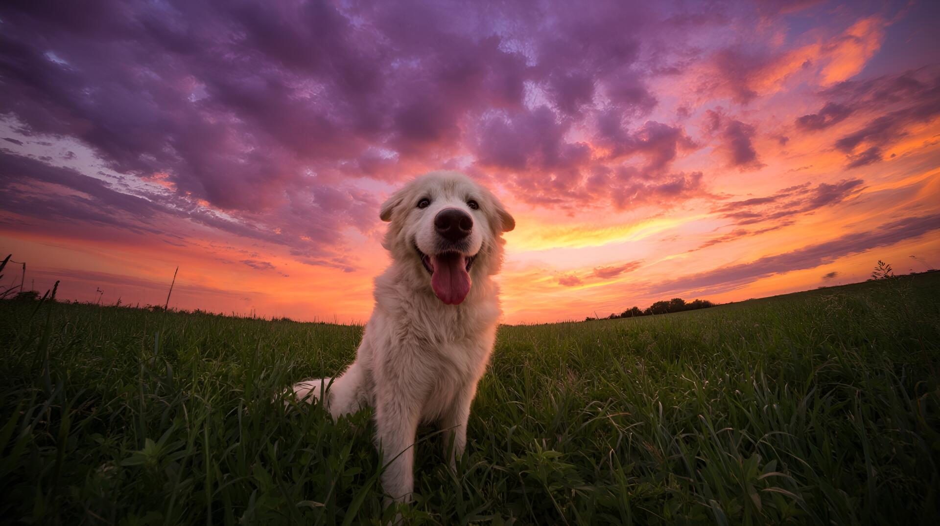 Happy Great Pyrenees sitting in grass at a vivid sunset — 2K Quad HD PC desktop wallpaper/background