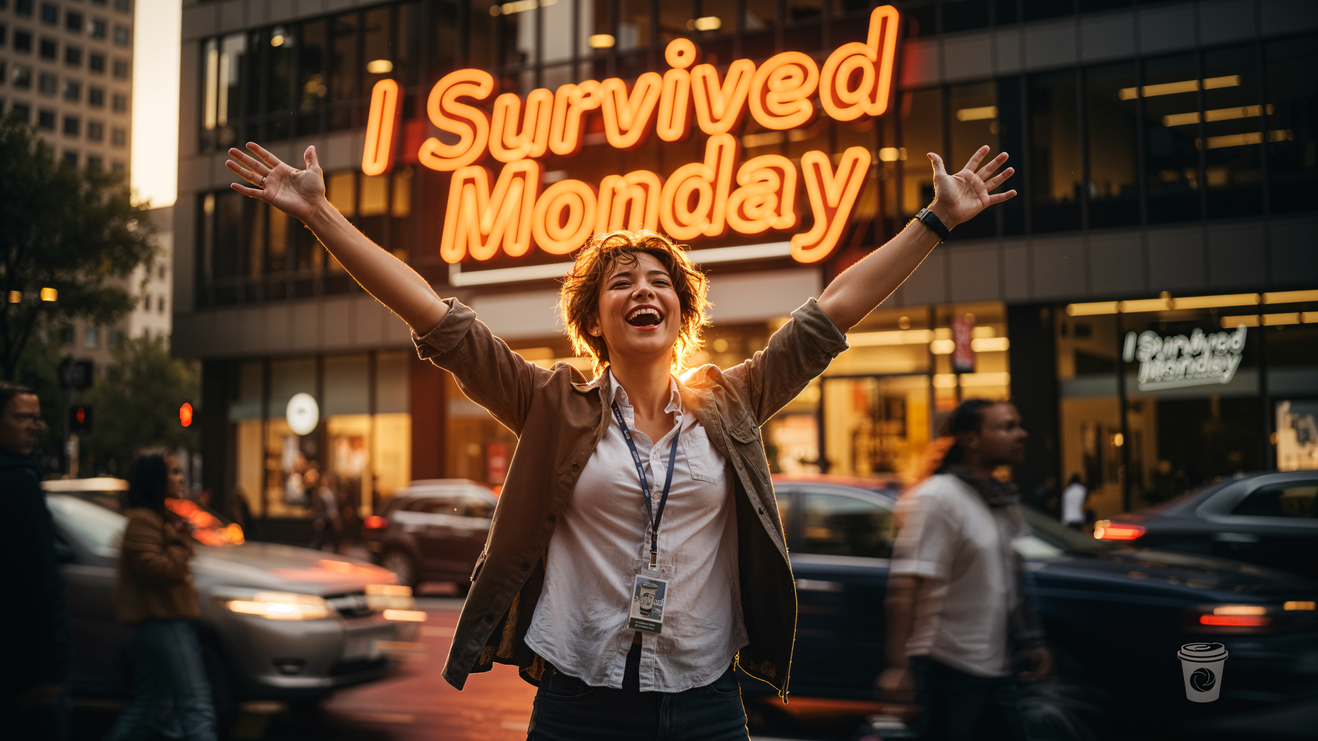 4K Ultra HD PC desktop wallpaper and background: triumphant woman raising her arms on a busy city street, neon I Survived Monday sign glowing above her.
