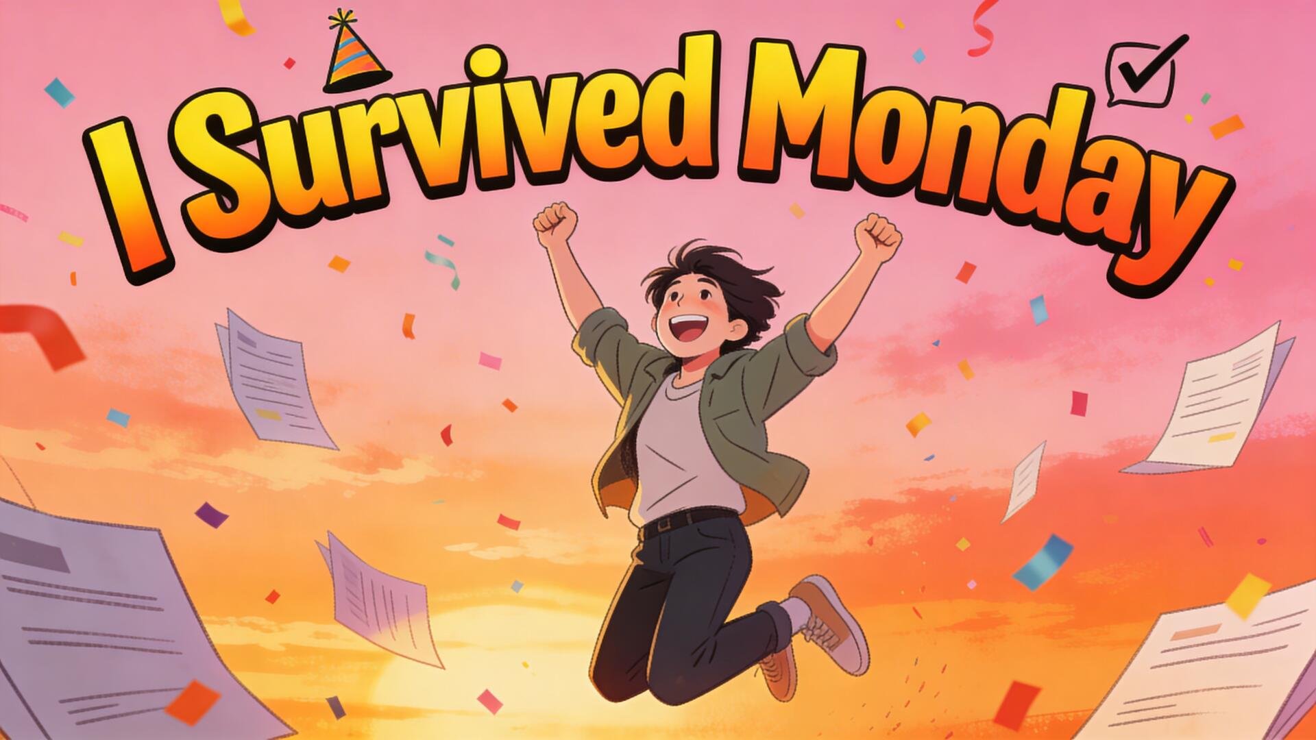 4K Ultra HD PC desktop wallpaper: a cheerful person jumps amid flying papers and confetti beneath a bold I Survived Monday banner.