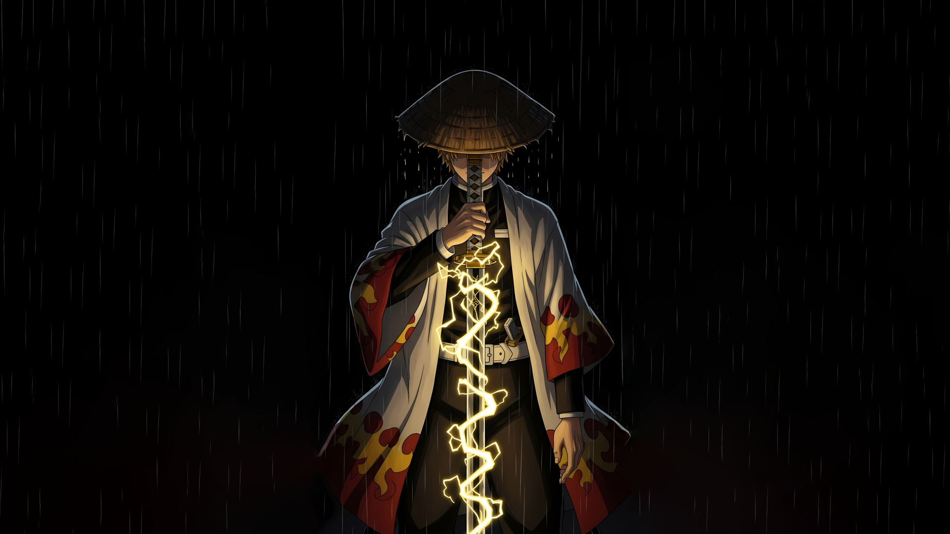Zenitsu Agatsuma (Demon Slayer) stands in rain with straw hat, channeling crackling yellow lightning — OLED 5K Ultra HD anime samurai desktop wallpaper.