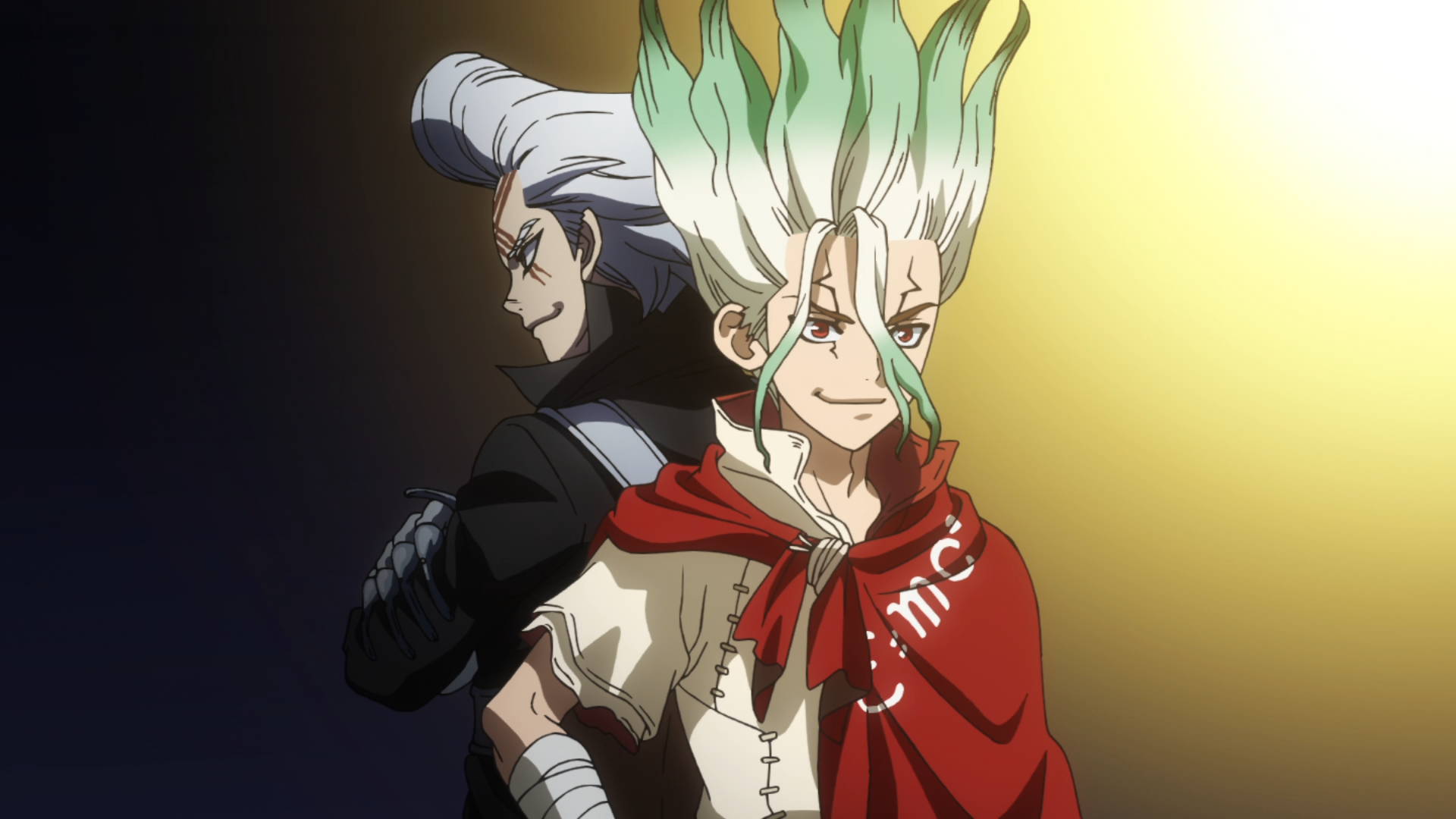 HD PC desktop wallpaper/background of Senku Ishigami and Dr. Xeno from the anime Dr. Stone, posed back-to-back under dramatic lighting.