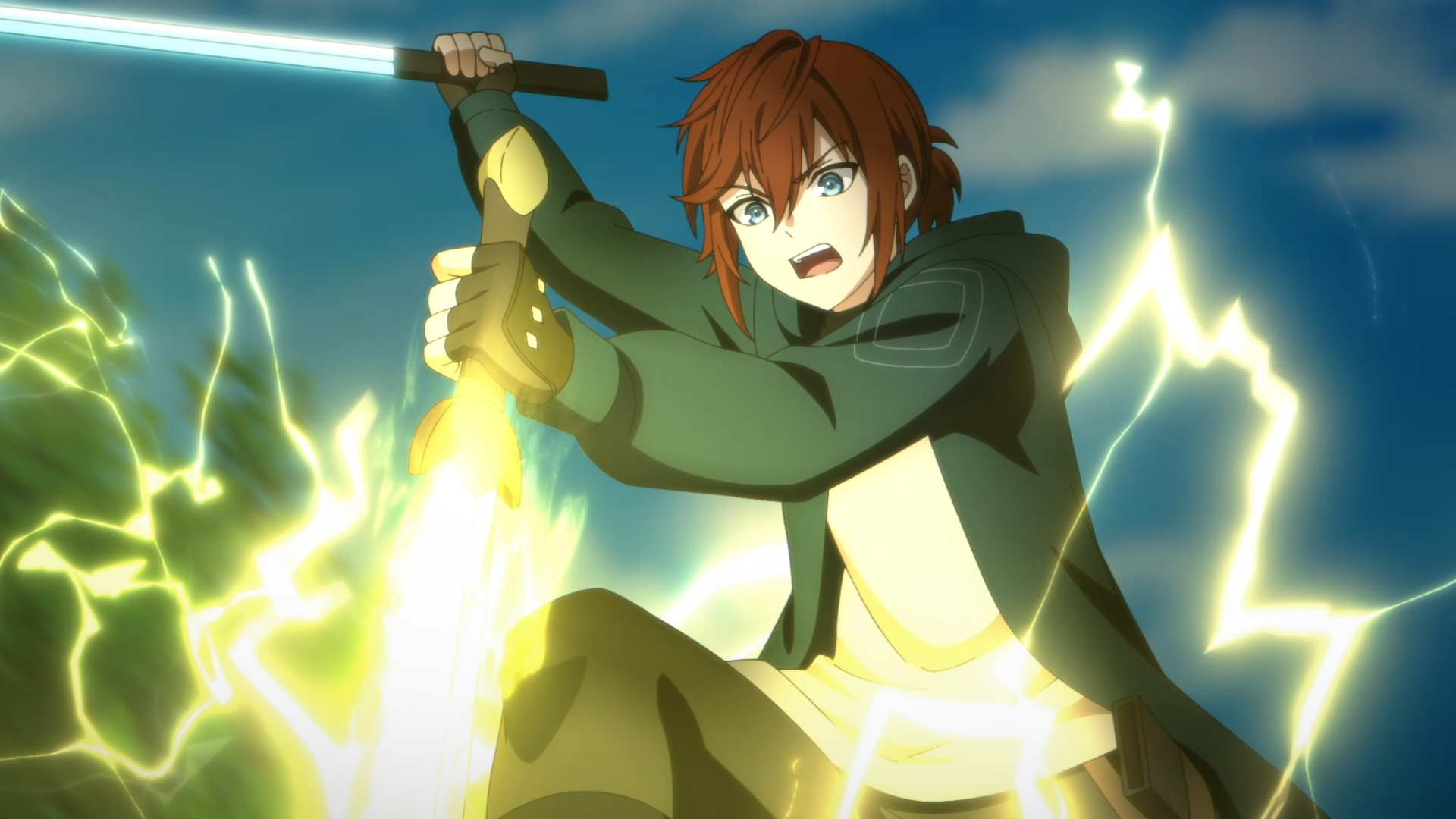 Anime HD PC desktop wallpaper of Arthur Leywin (The Beginning After The End) brandishing a glowing, lightning-charged sword with a fierce expression against a stormy, energy-filled sky.