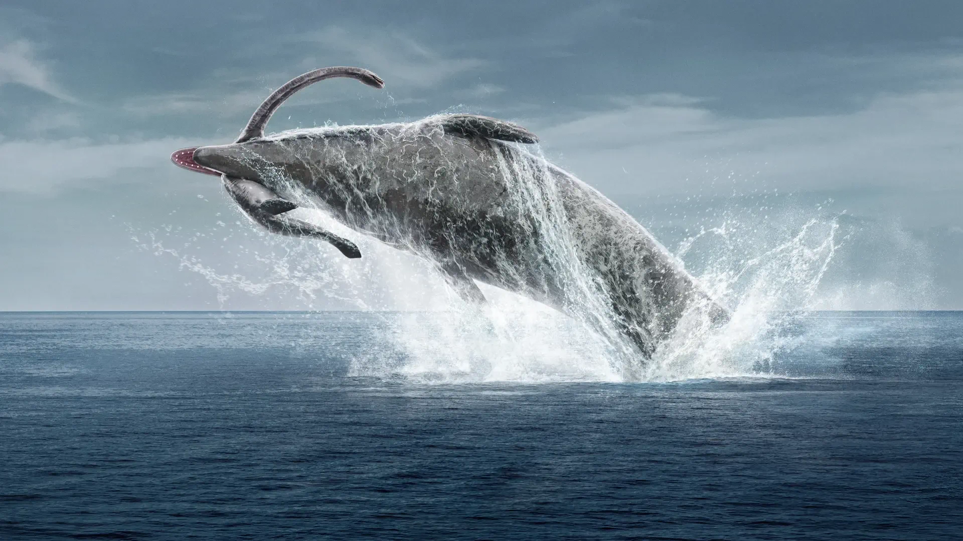 4K Ultra HD PC desktop wallpaper — Prehistoric Planet: a giant prehistoric marine creature breaches the ocean, water exploding into spray beneath a brooding, cloud-filled sky.