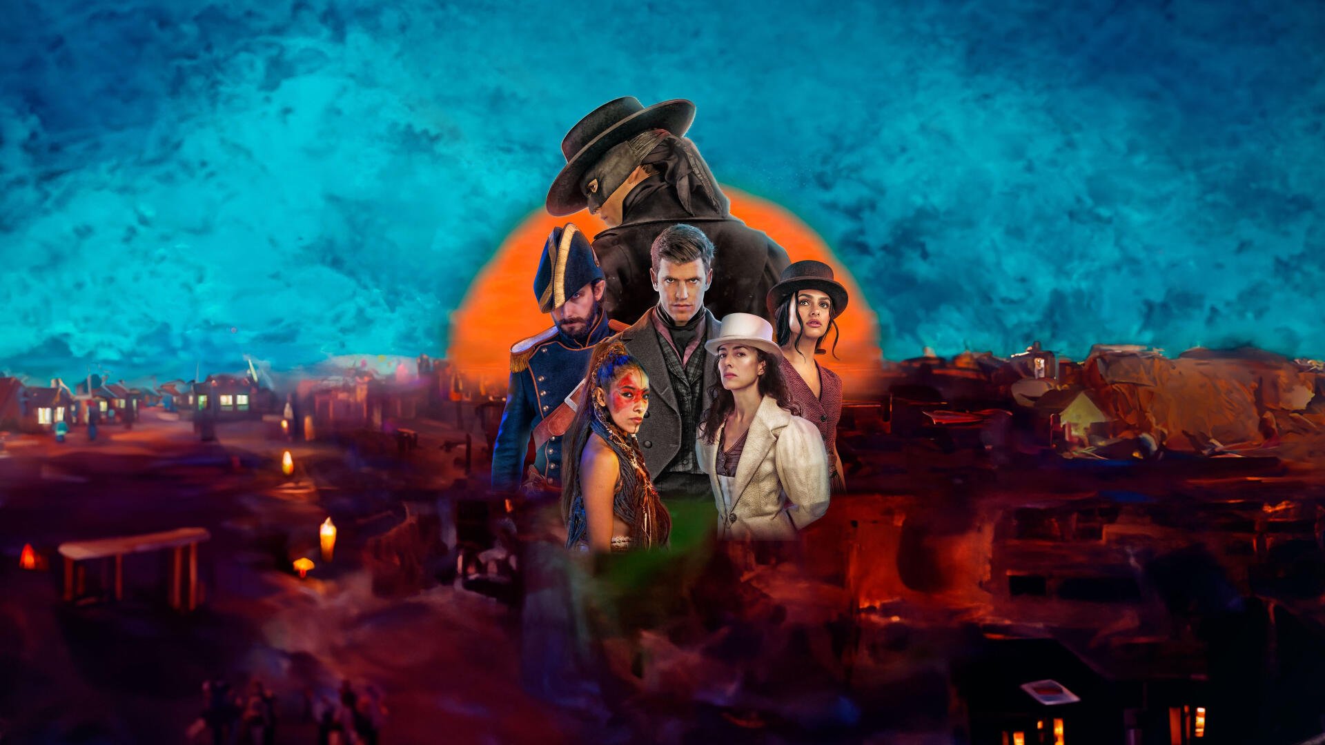 Zorro 4K Ultra HD PC Desktop Wallpaper and Background — masked hero and allies stand before an orange sun and turquoise sky above a candlelit town.