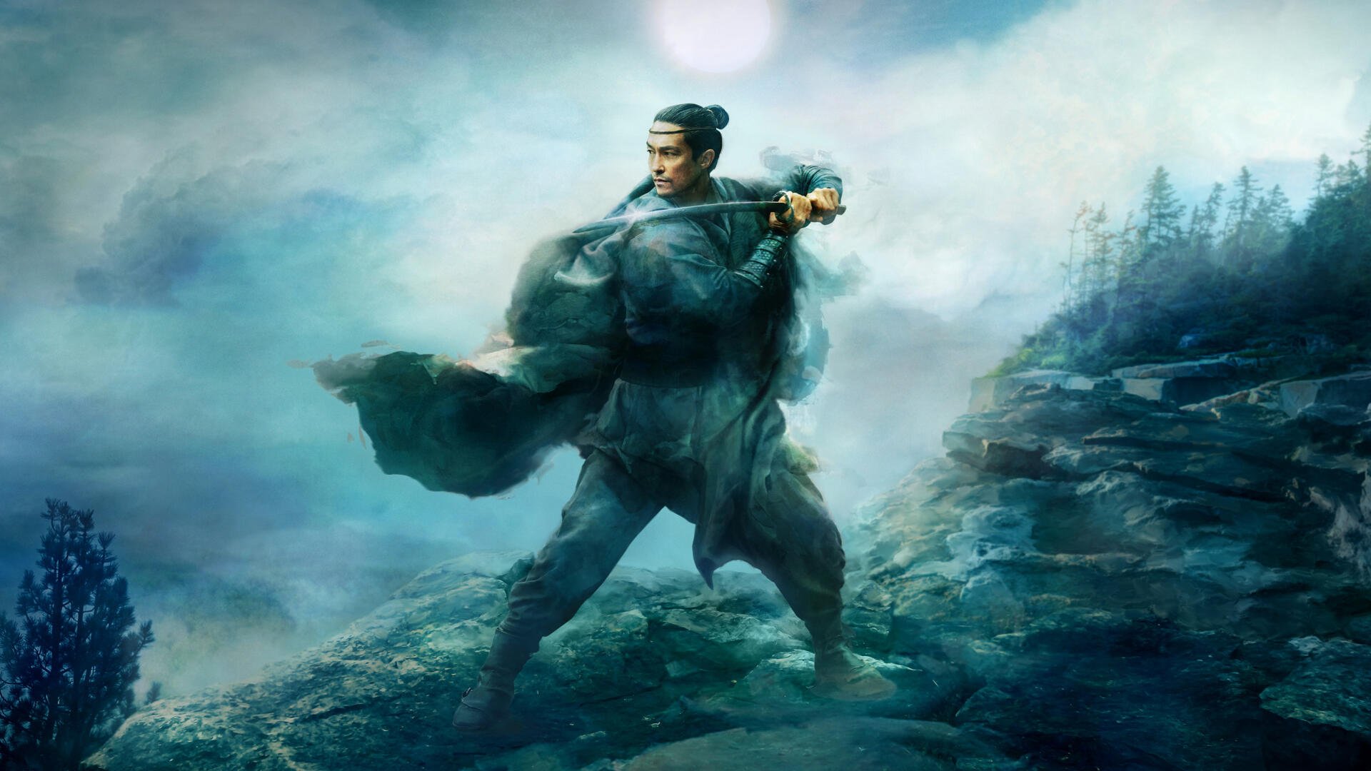 The Wheel of Time 4K Ultra HD PC desktop wallpaper and background: a robed warrior stands on windswept cliffs beneath a misty moonlit sky, cloak billowing, distant pine forests.